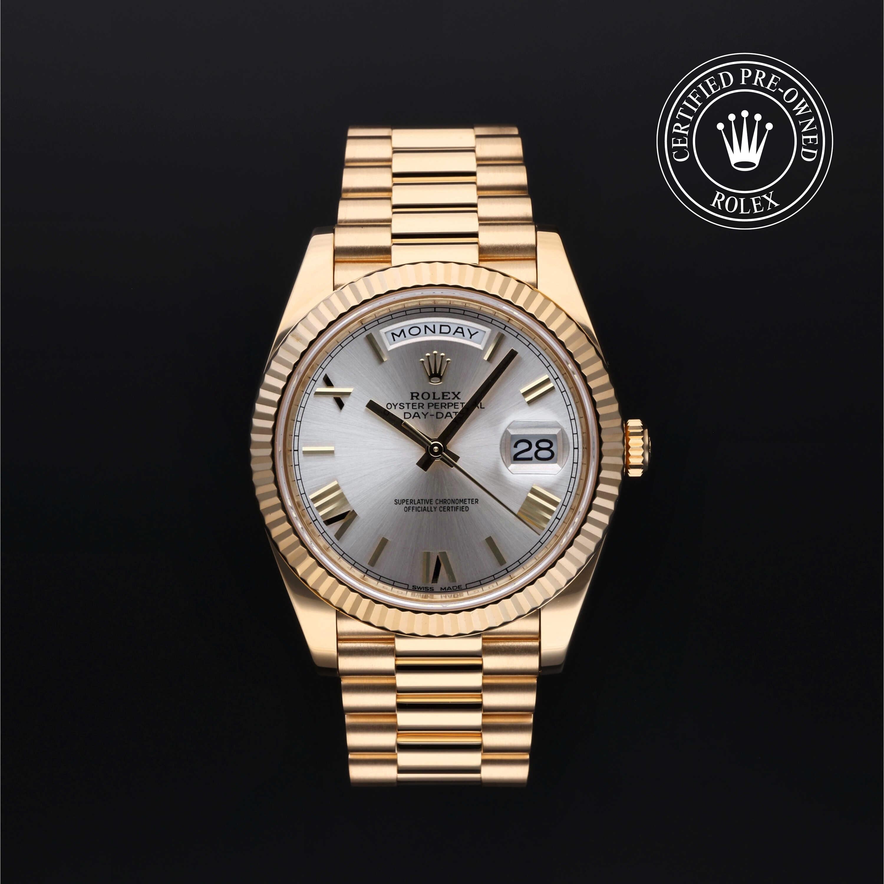 Rolex Certified Pre-owned Day-date M228238-0002 front on black background