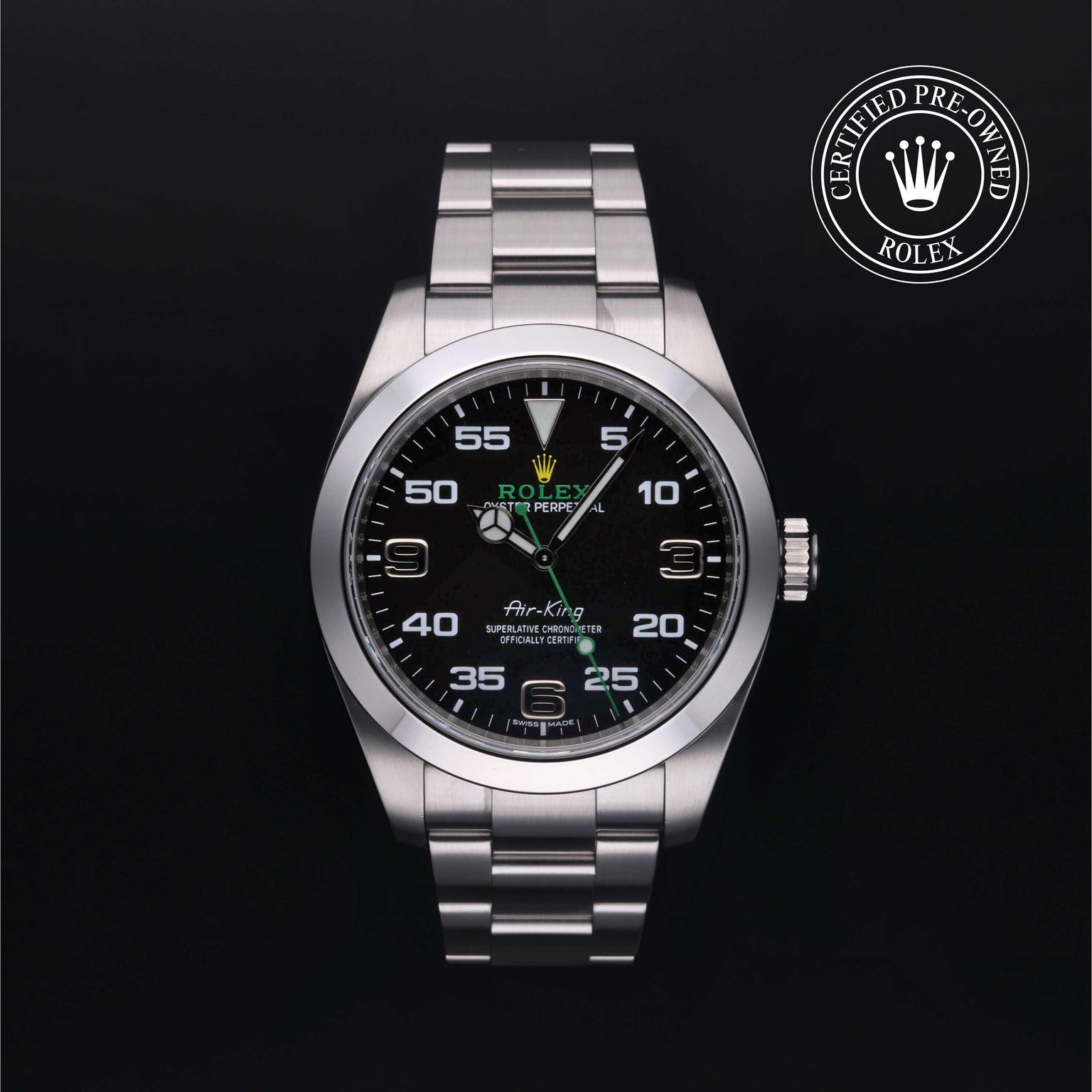 Rolex Certified Pre-owned Air-King M116900-0001 front on black background