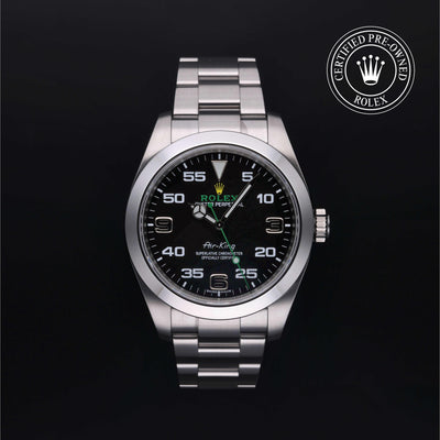 Rolex Certified Pre-owned Air-King M116900-0001 front on black background