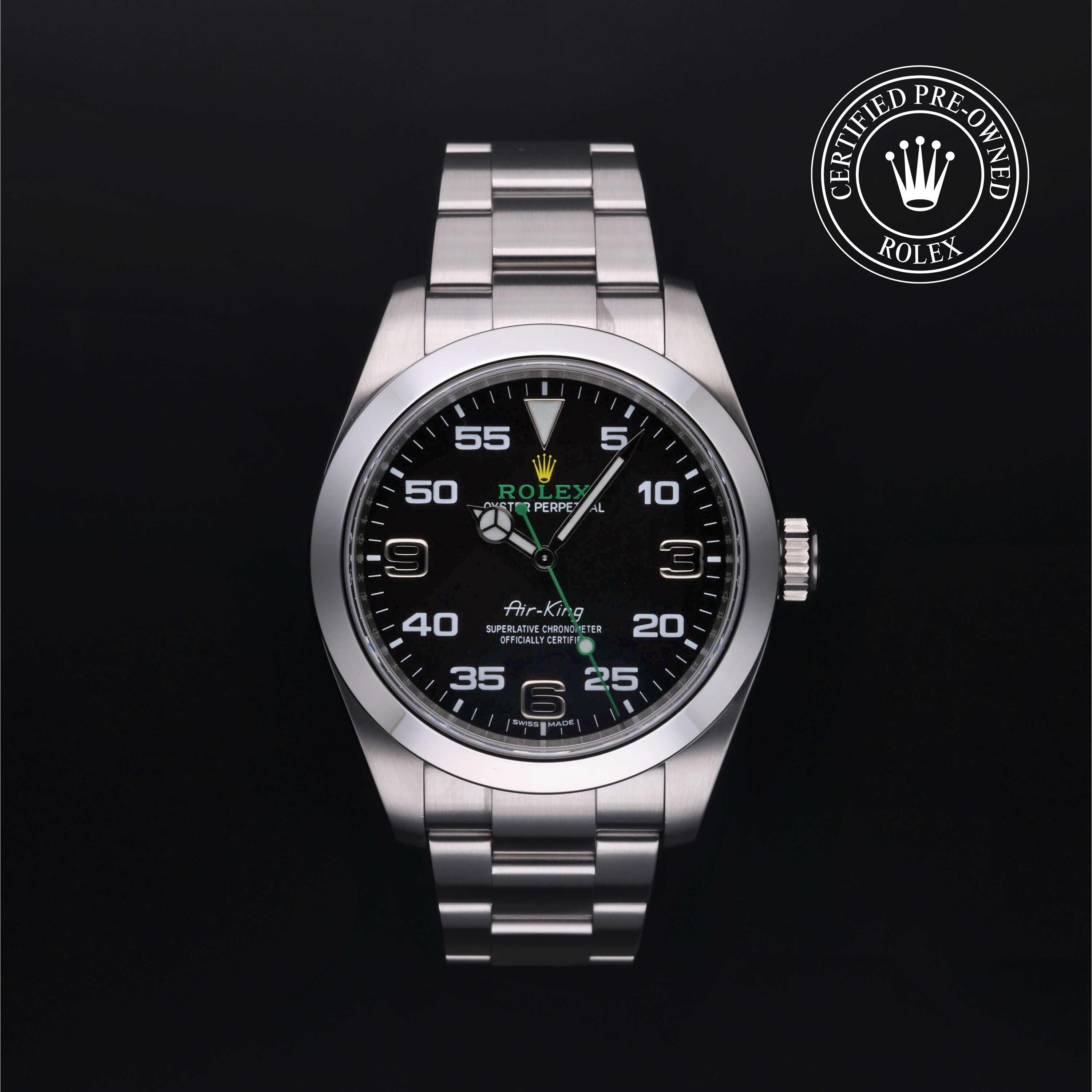 Rolex Certified Pre-owned Air-King M116900-0001 front on black background
