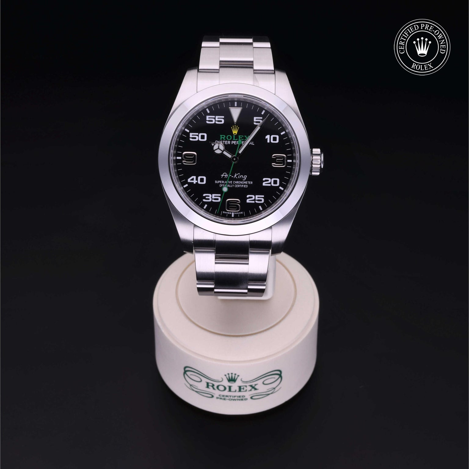 Rolex Certified Pre-owned Air-King M116900-0001 front on black background