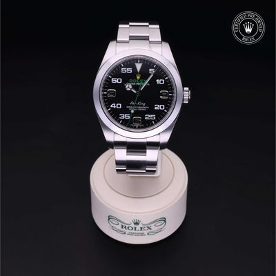 Rolex Certified Pre-owned Air-King M116900-0001 front on black background
