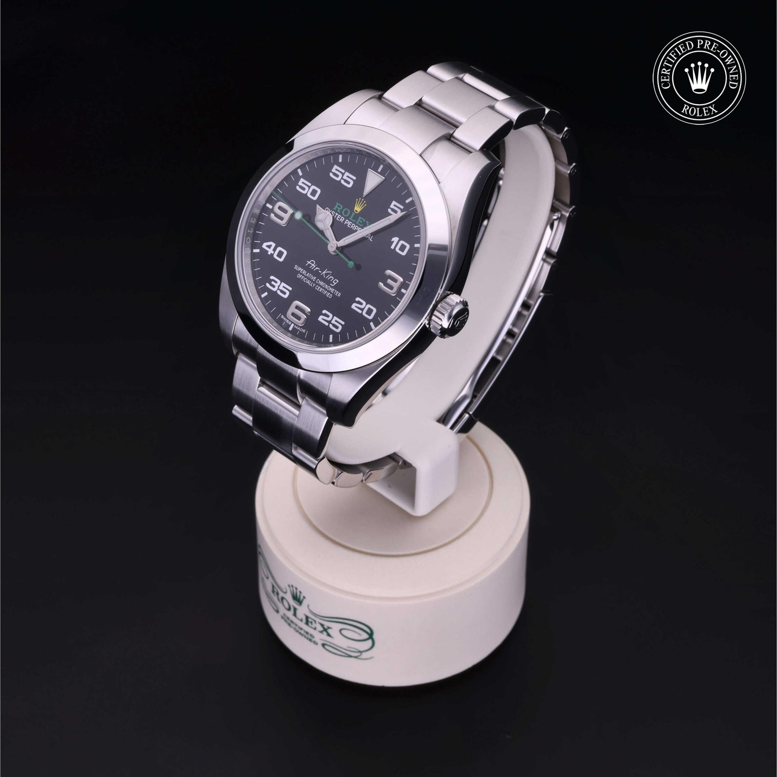 Rolex Certified Pre-owned Air-King M116900-0001 front on black background