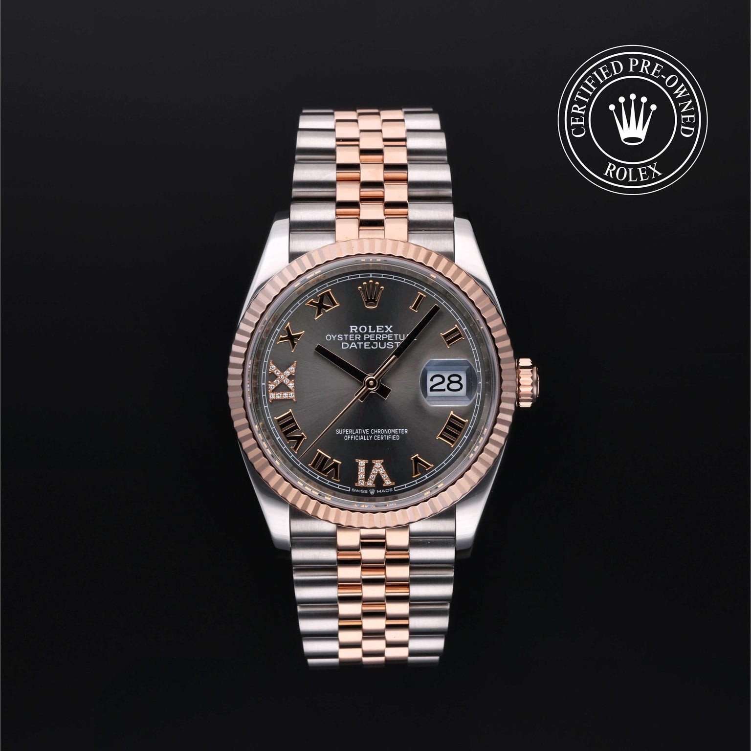 Rolex Certified Pre-owned Datejust M126231-0023 front on black background