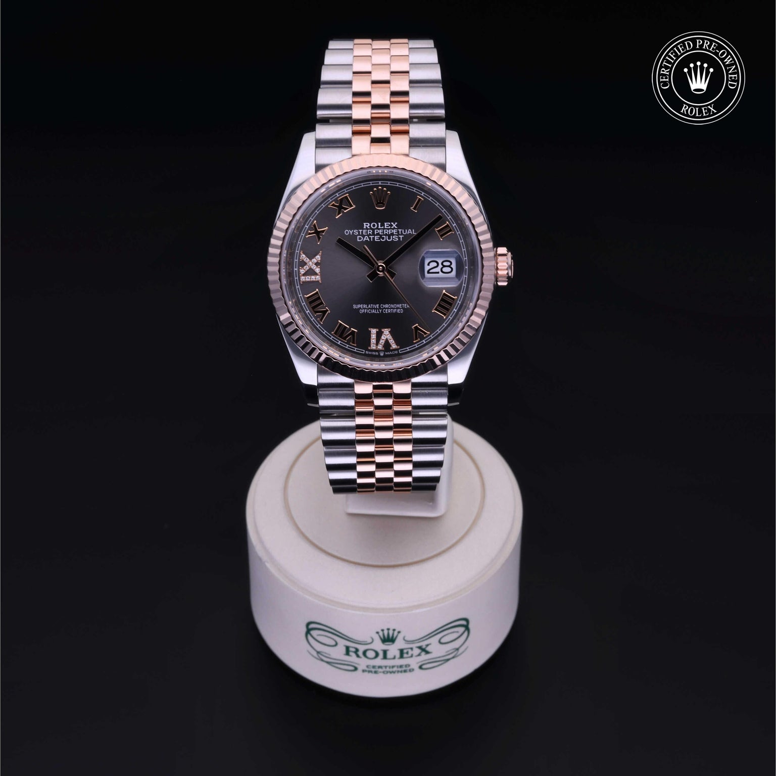 Rolex Certified Pre-owned Datejust M126231-0023 front on black background