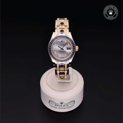 Rolex Certified Pre-owned Pearlmaster M80308SA-0003 front on black background