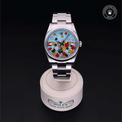 Rolex Certified Pre-owned Oyster Perpetual M126000-0002 front on black background