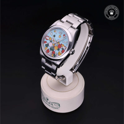 Rolex Certified Pre-owned Oyster Perpetual M126000-0002 front on black background