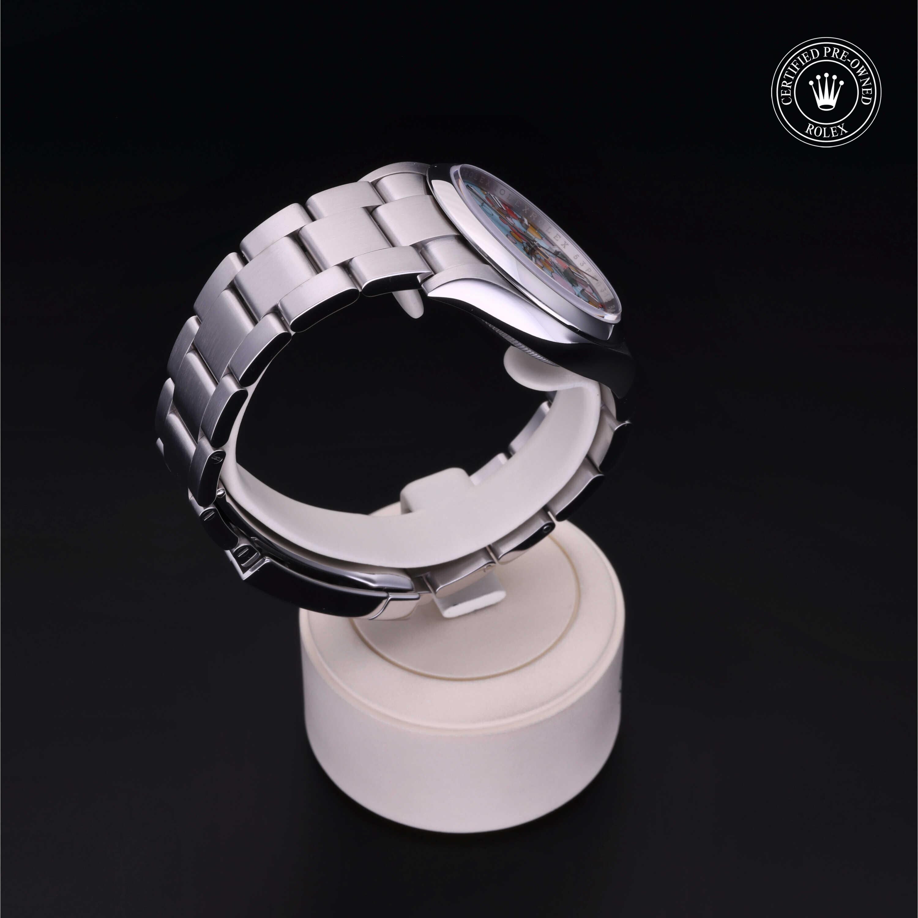 Rolex Certified Pre-owned Oyster Perpetual M126000-0002 front on black background