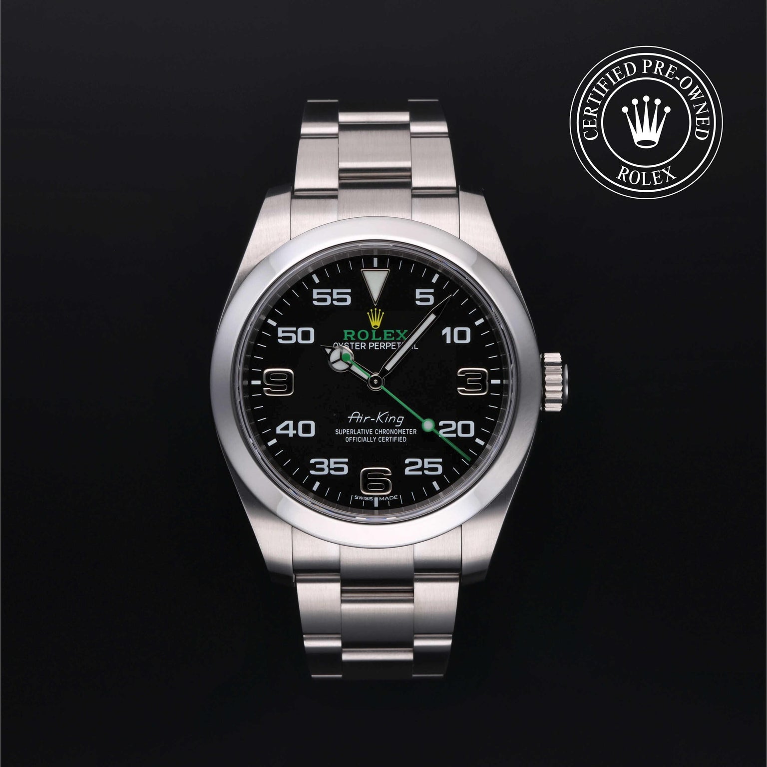 Rolex Certified Pre-owned Air-King M116900-0001 front on black background