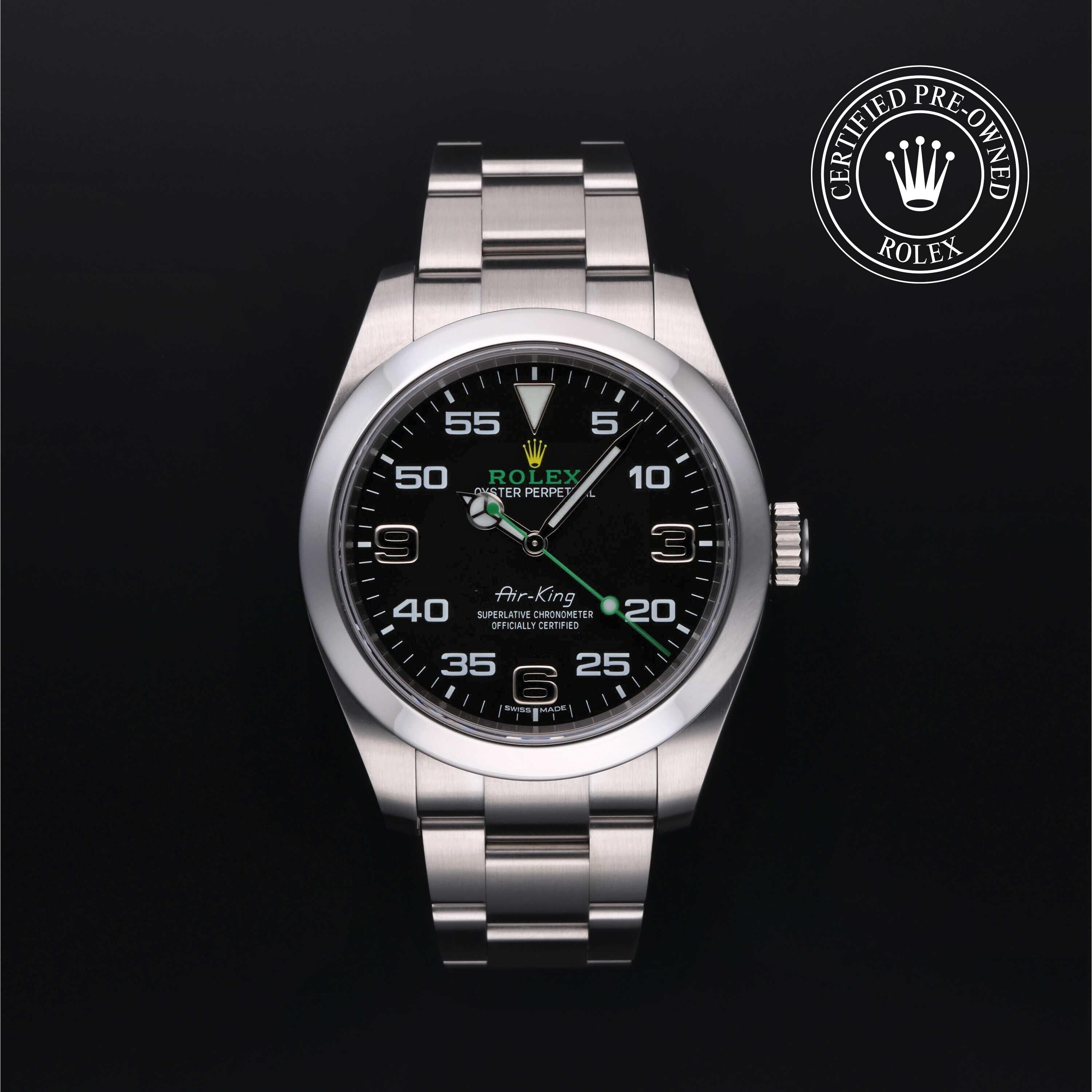 Rolex Certified Pre-owned Air-King M116900-0001 front on black background
