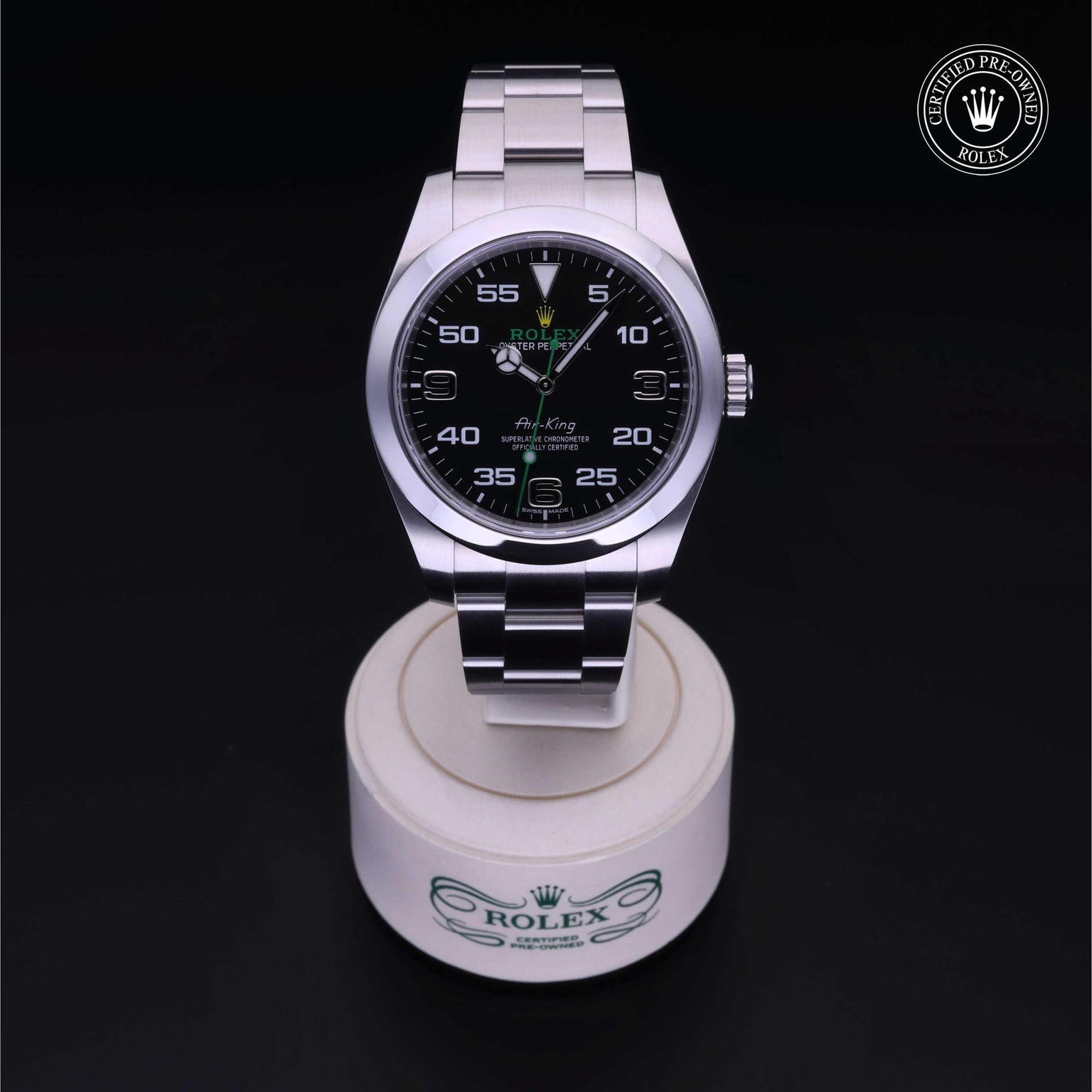 Rolex Certified Pre-owned Air-King M116900-0001 front on black background
