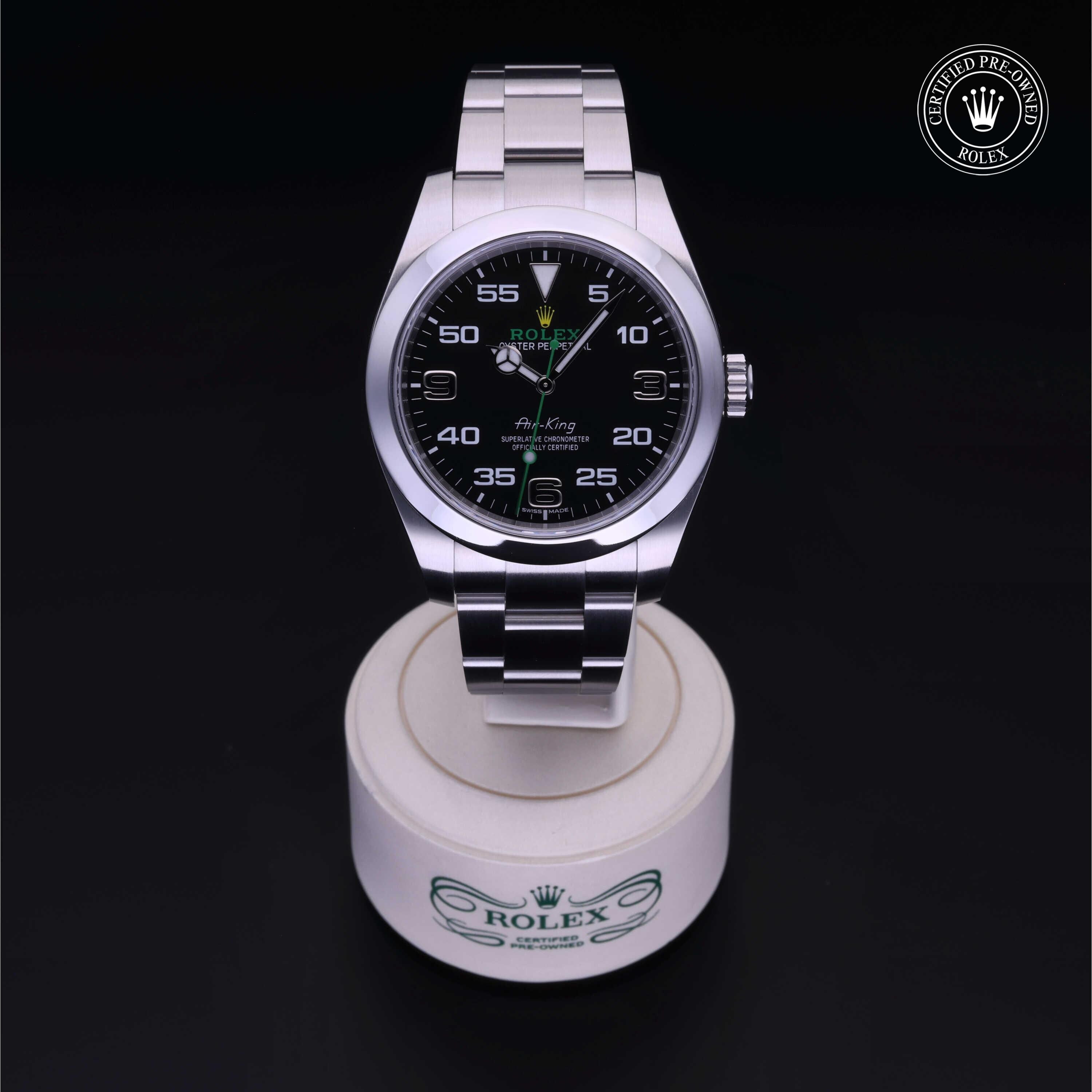 Rolex Certified Pre-owned Air-King M116900-0001 front on black background