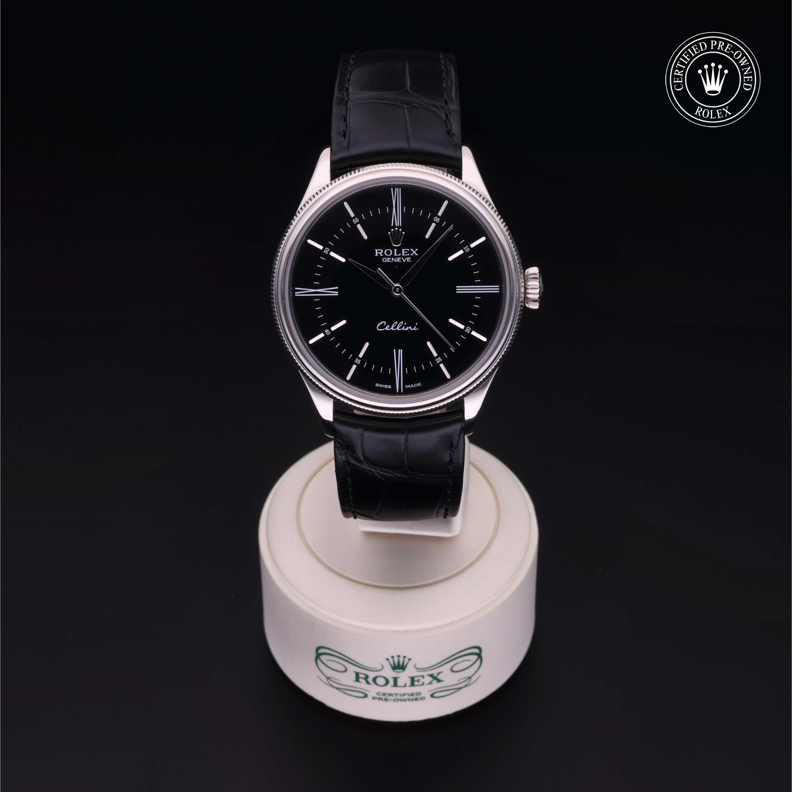 Rolex Certified Pre-owned Cellini M50509-0002 front on black background