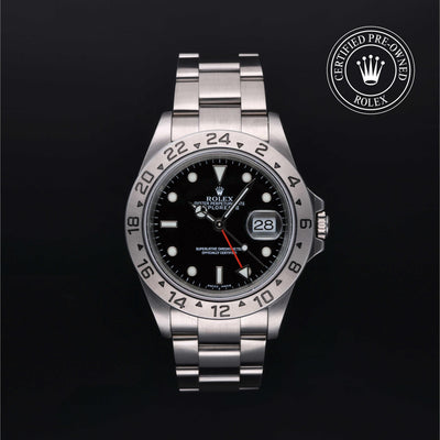 Rolex Certified Pre-owned Explorer M16570-0005 front on black background