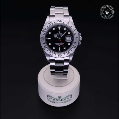 Rolex Certified Pre-owned Explorer M16570-0005 front on black background