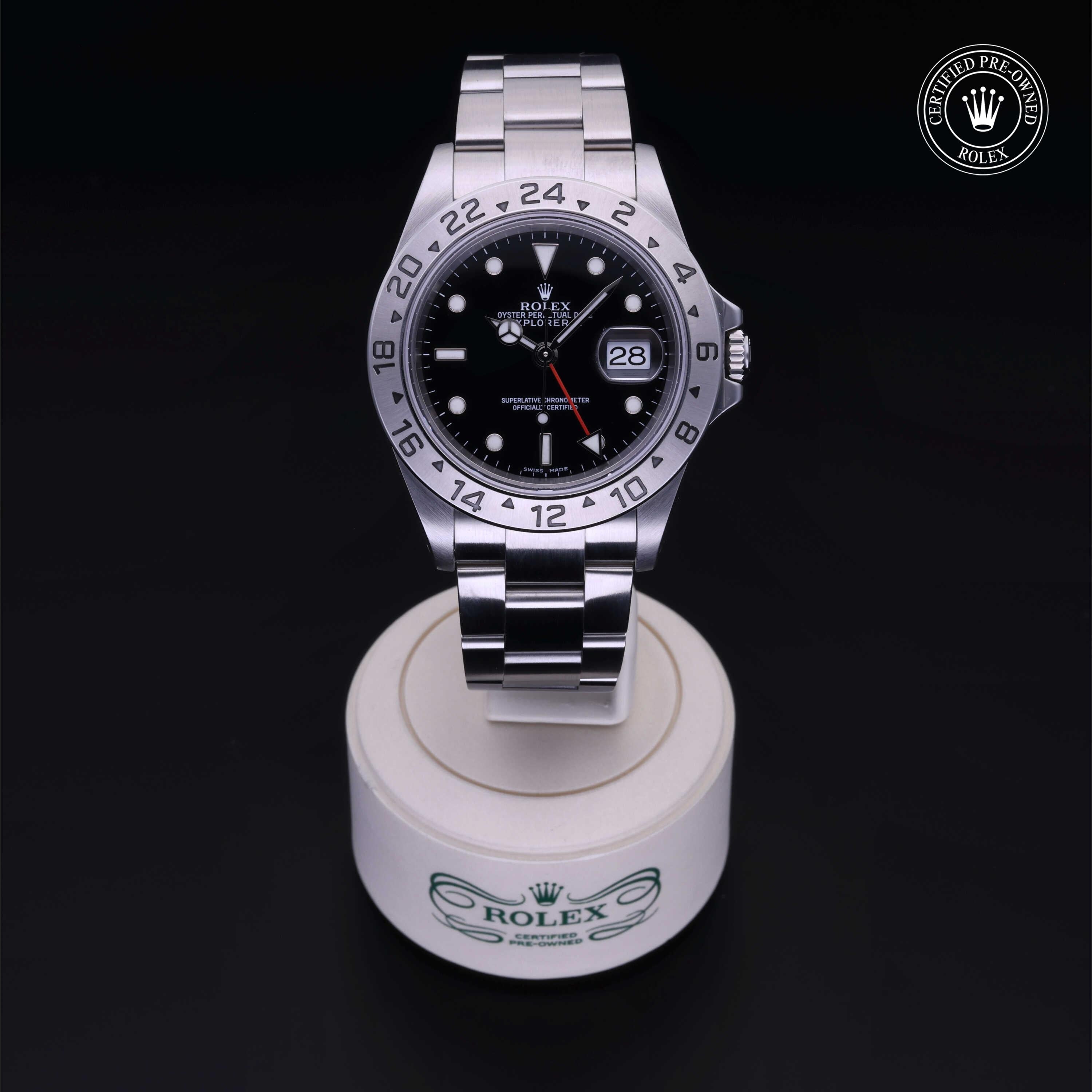 Rolex Certified Pre-owned Explorer M16570-0005 front on black background