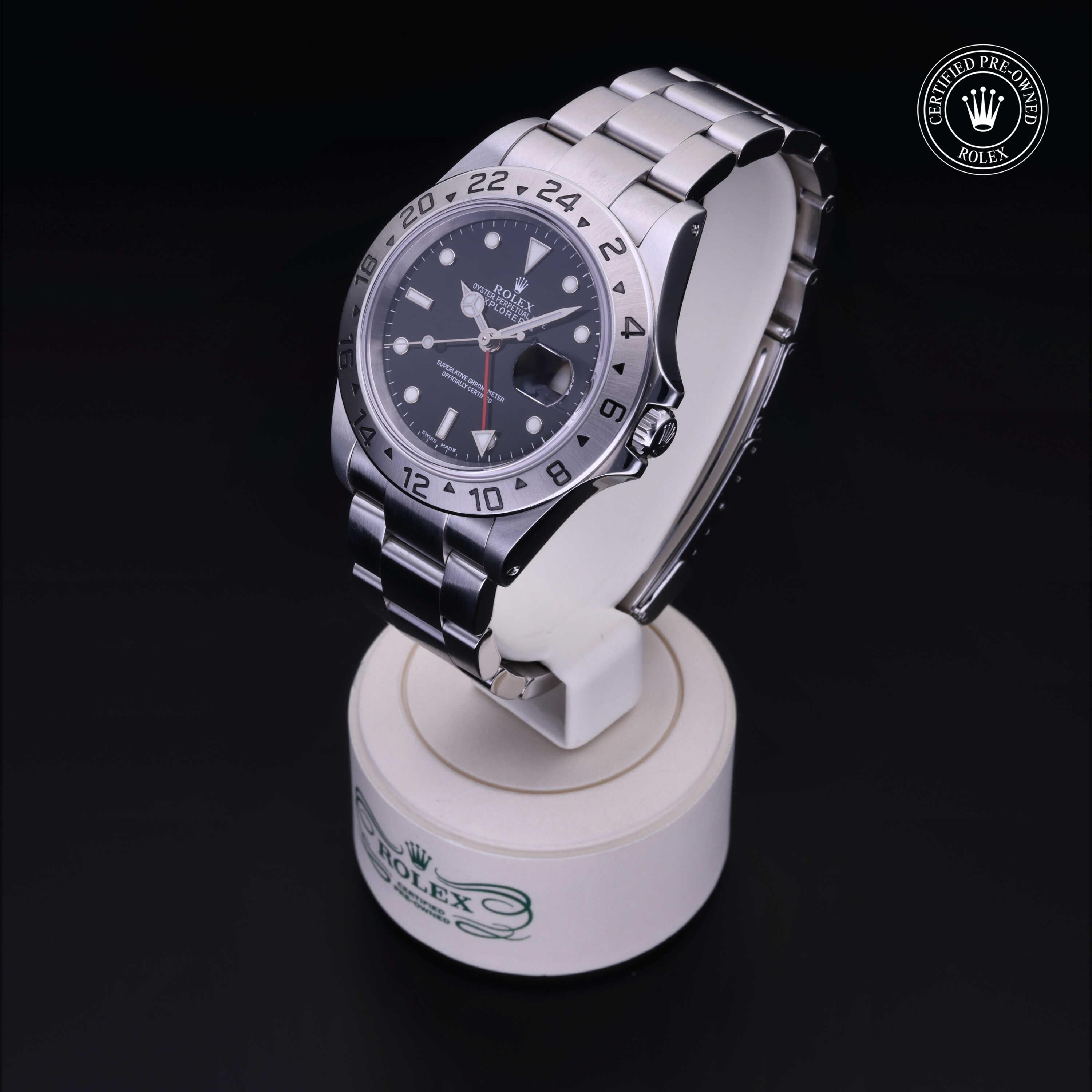Rolex Certified Pre-owned Explorer M16570-0005 front on black background