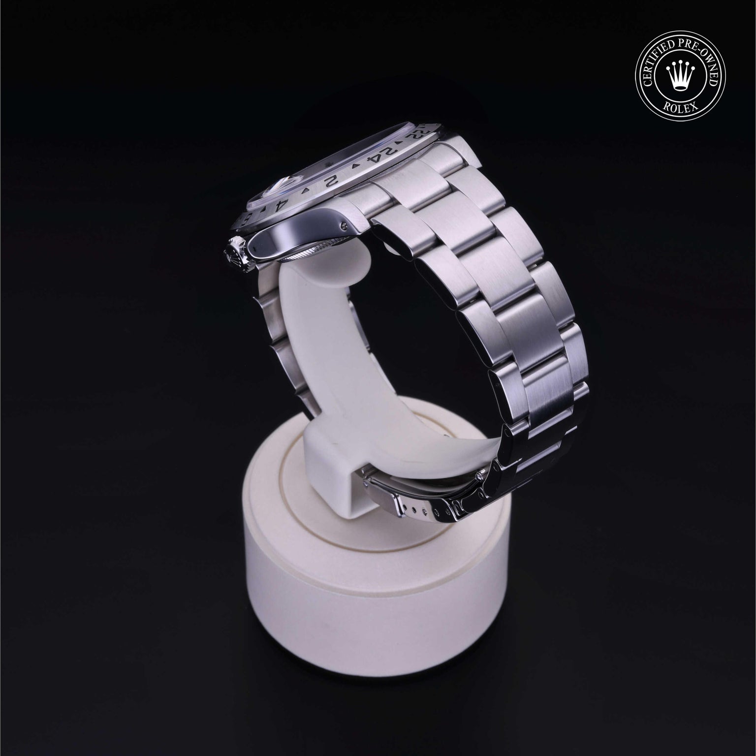 Rolex Certified Pre-owned Explorer M16570-0005 front on black background