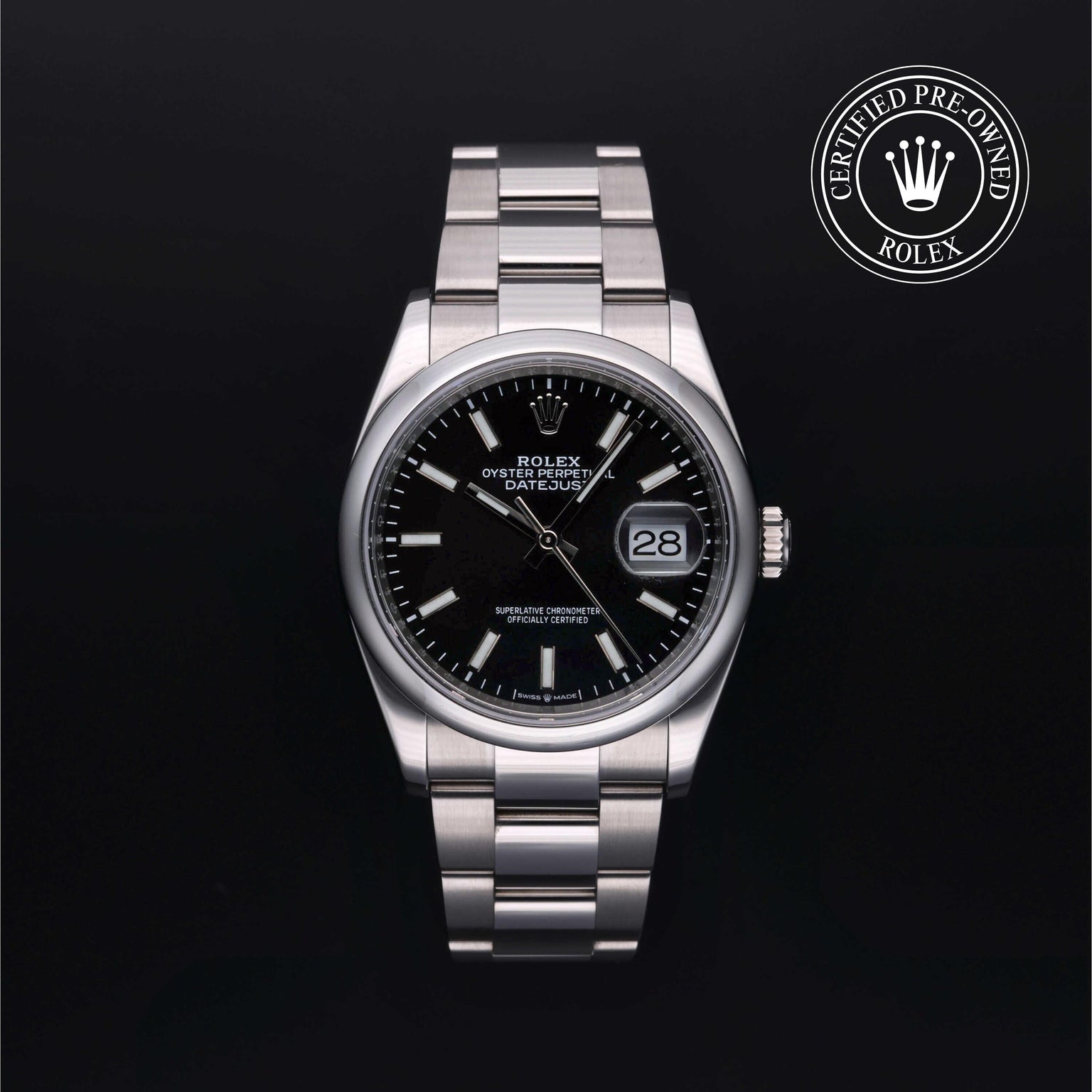 Rolex Certified Pre-owned Datejust M126200-0004 front on black background