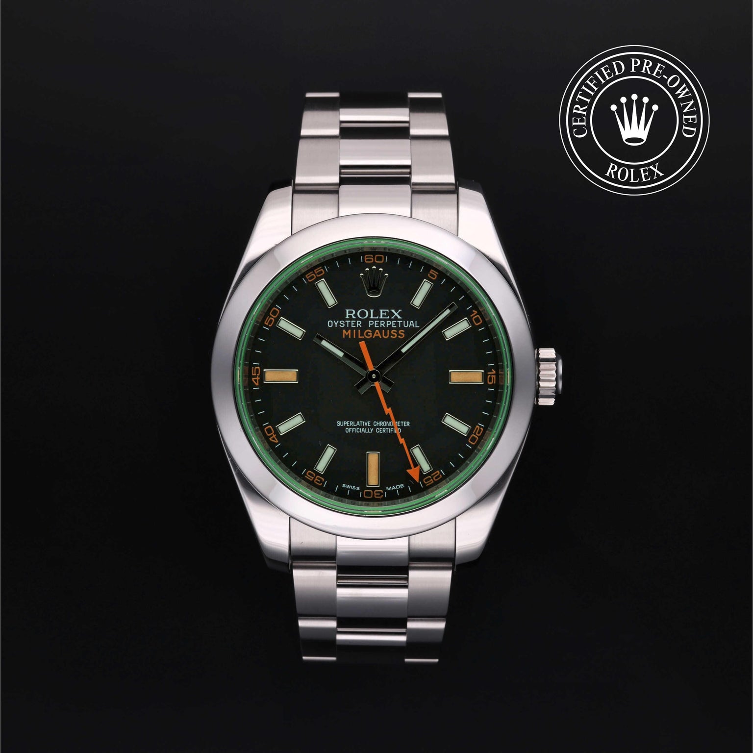 Rolex Certified Pre-owned Milgauss M116400GV-0001 front on black background