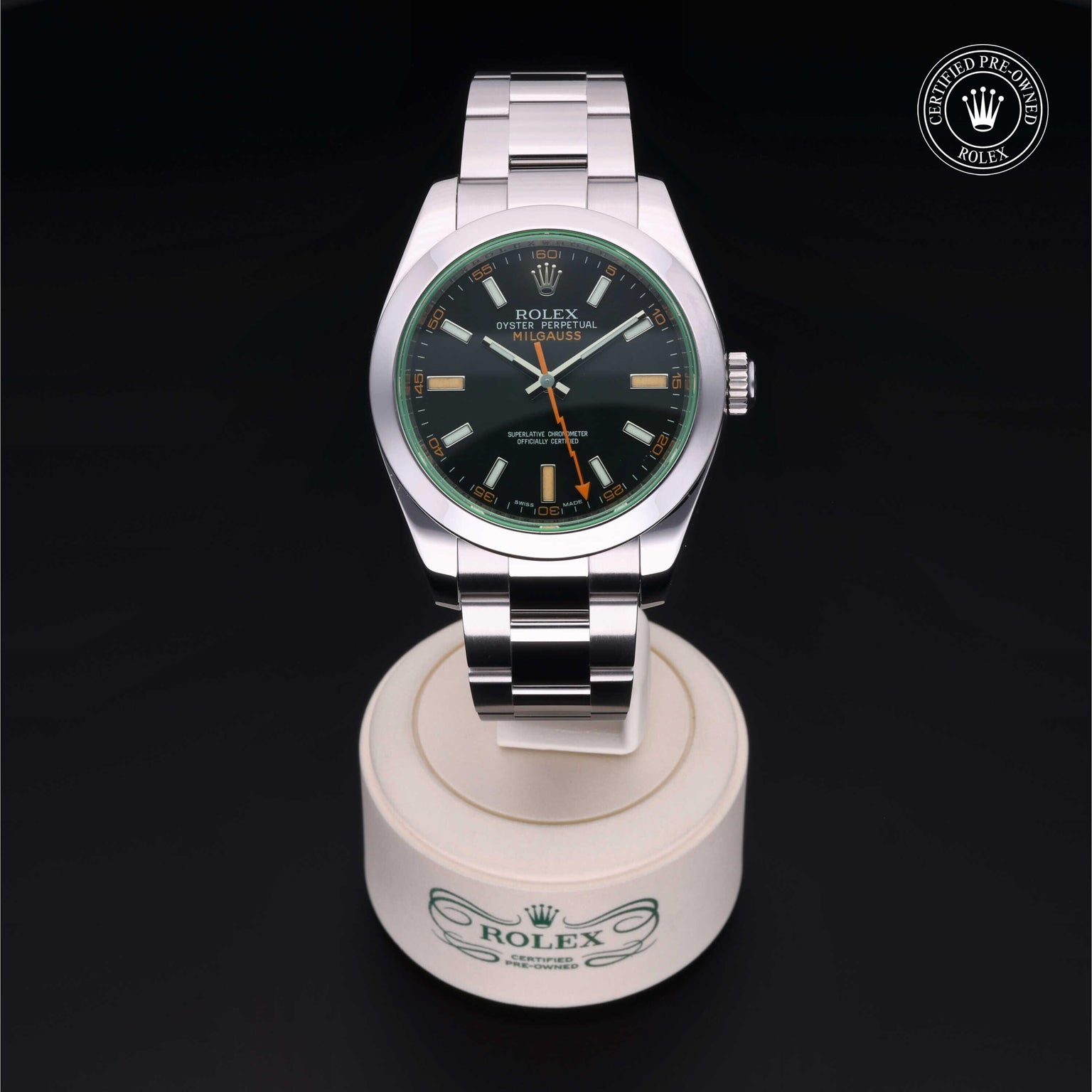 Rolex Certified Pre-owned Milgauss M116400GV-0001 front on black background