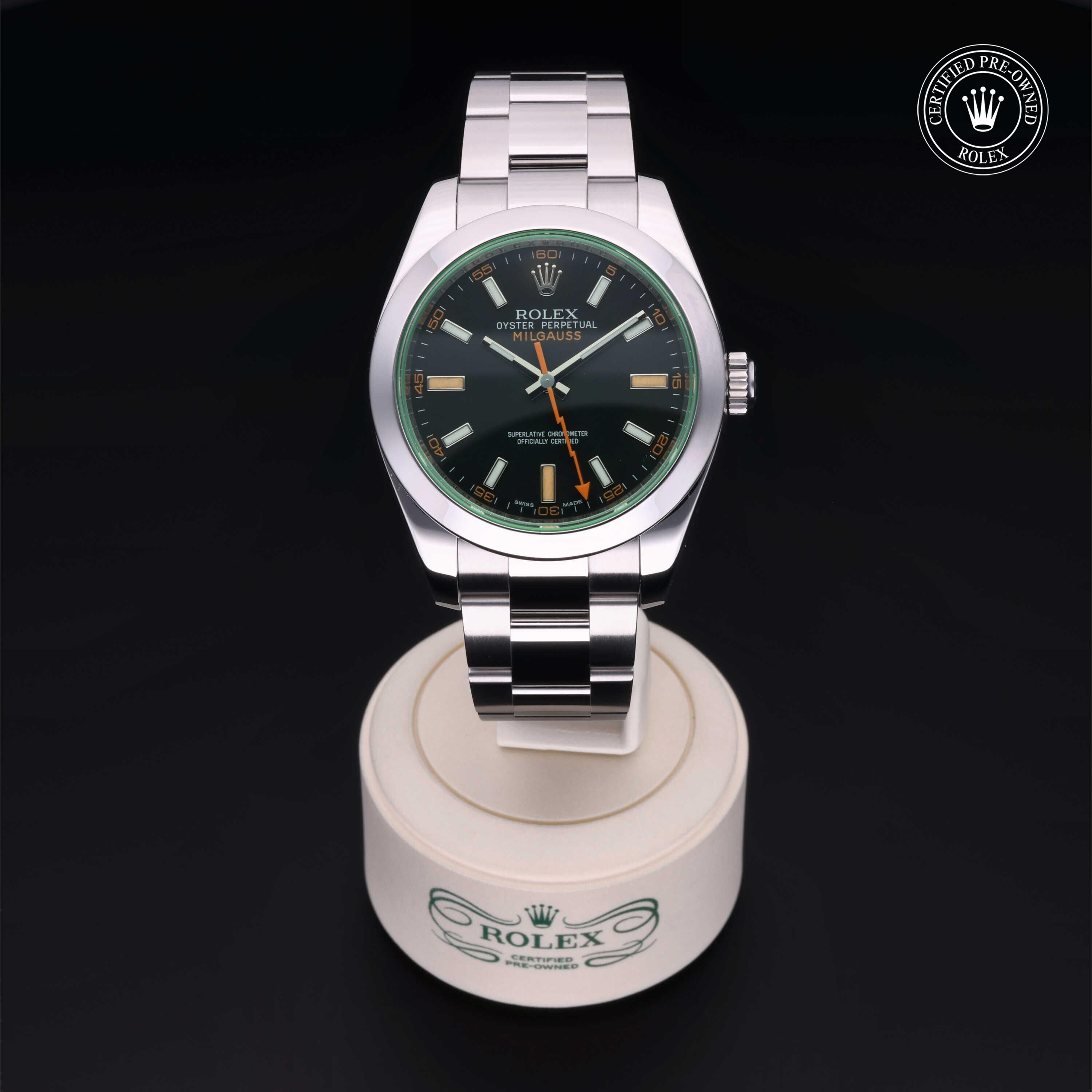 Rolex Certified Pre-owned Milgauss M116400GV-0001 front on black background
