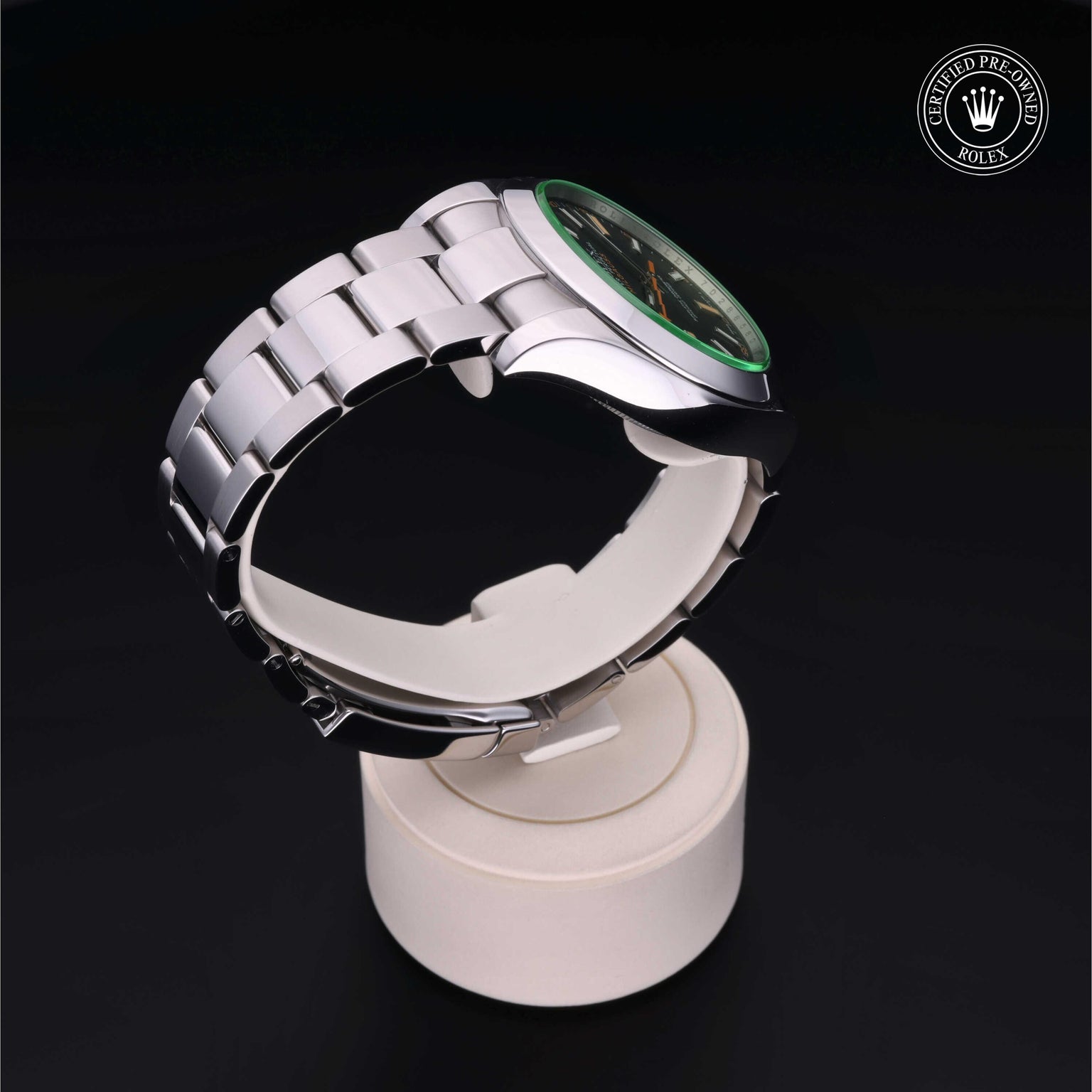Rolex Certified Pre-owned Milgauss M116400GV-0001 front on black background
