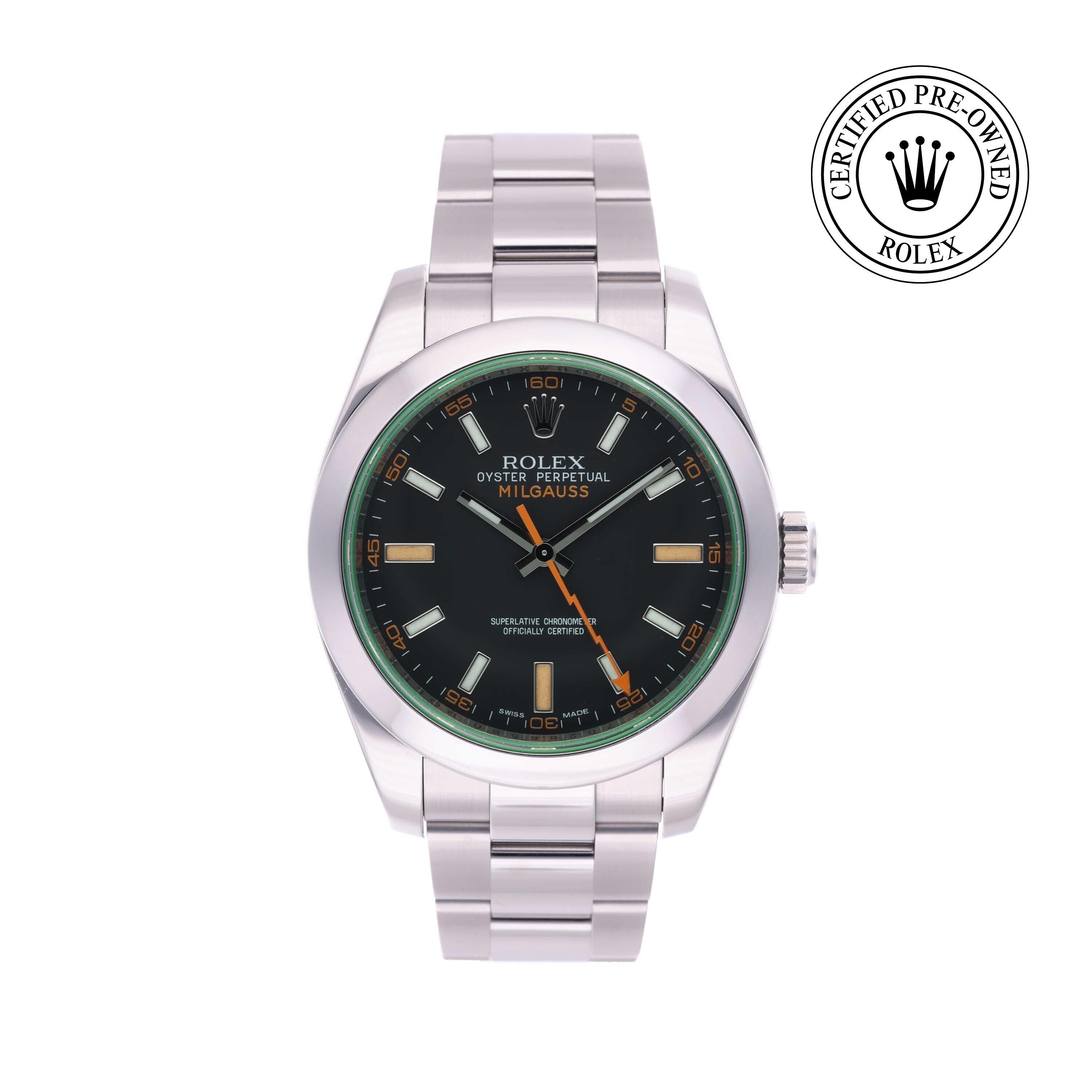 Rolex Certified Pre-owned Milgauss M116400GV-0001 front on white background