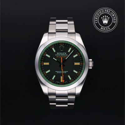 Rolex Certified Pre-owned Milgauss M116400GV-0001 front on black background