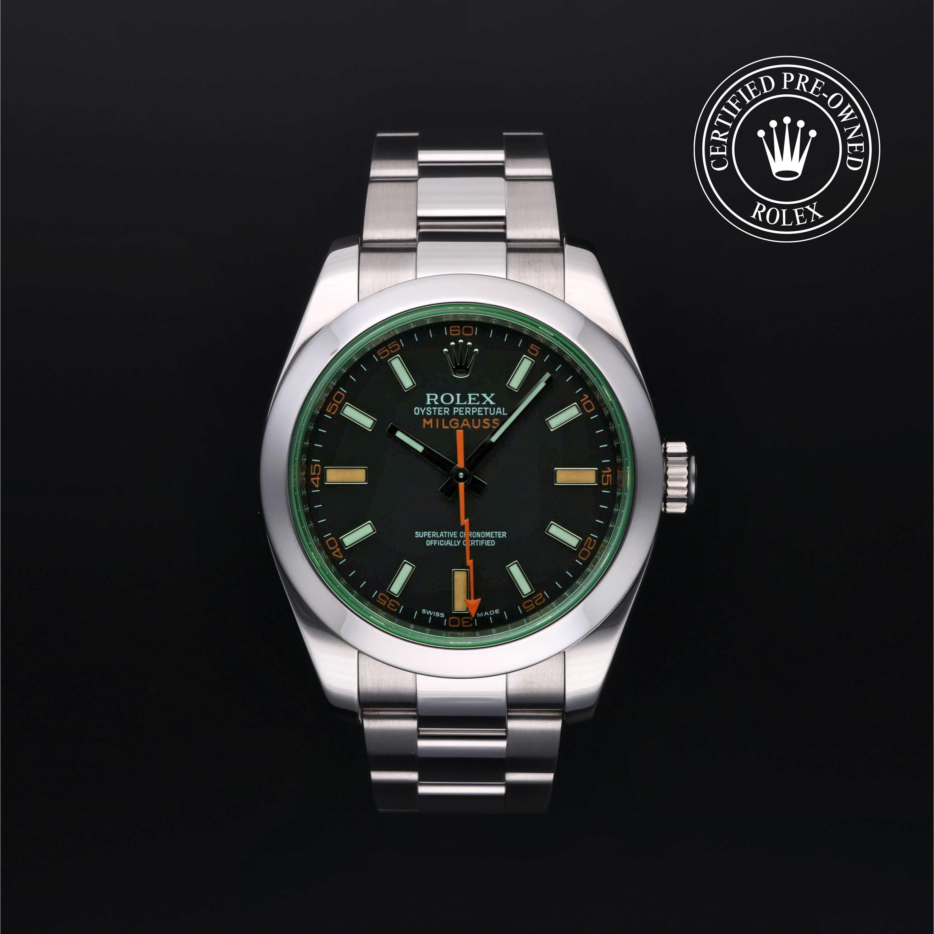 Rolex Certified Pre-owned Milgauss M116400GV-0001 front on black background