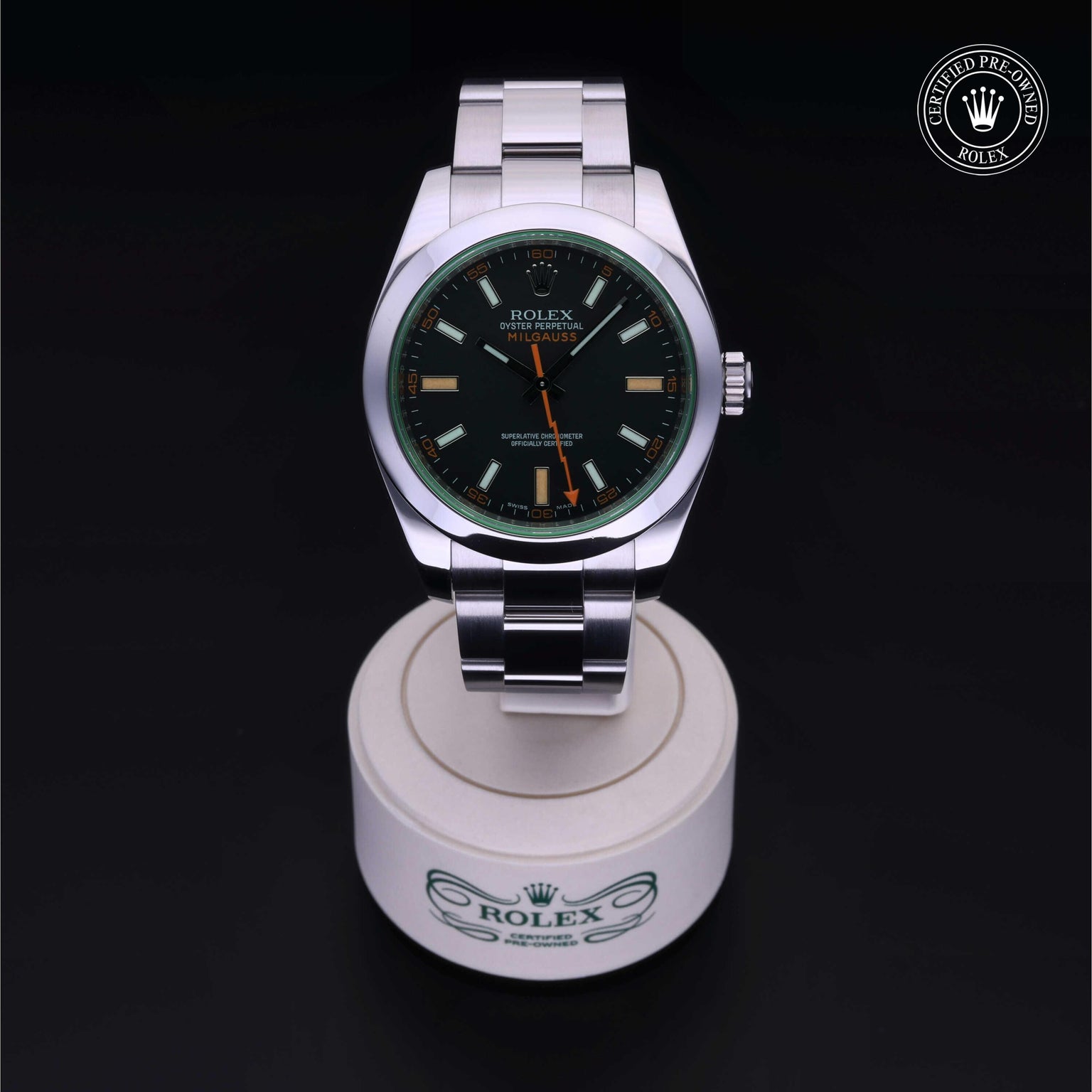 Rolex Certified Pre-owned Milgauss M116400GV-0001 front on black background