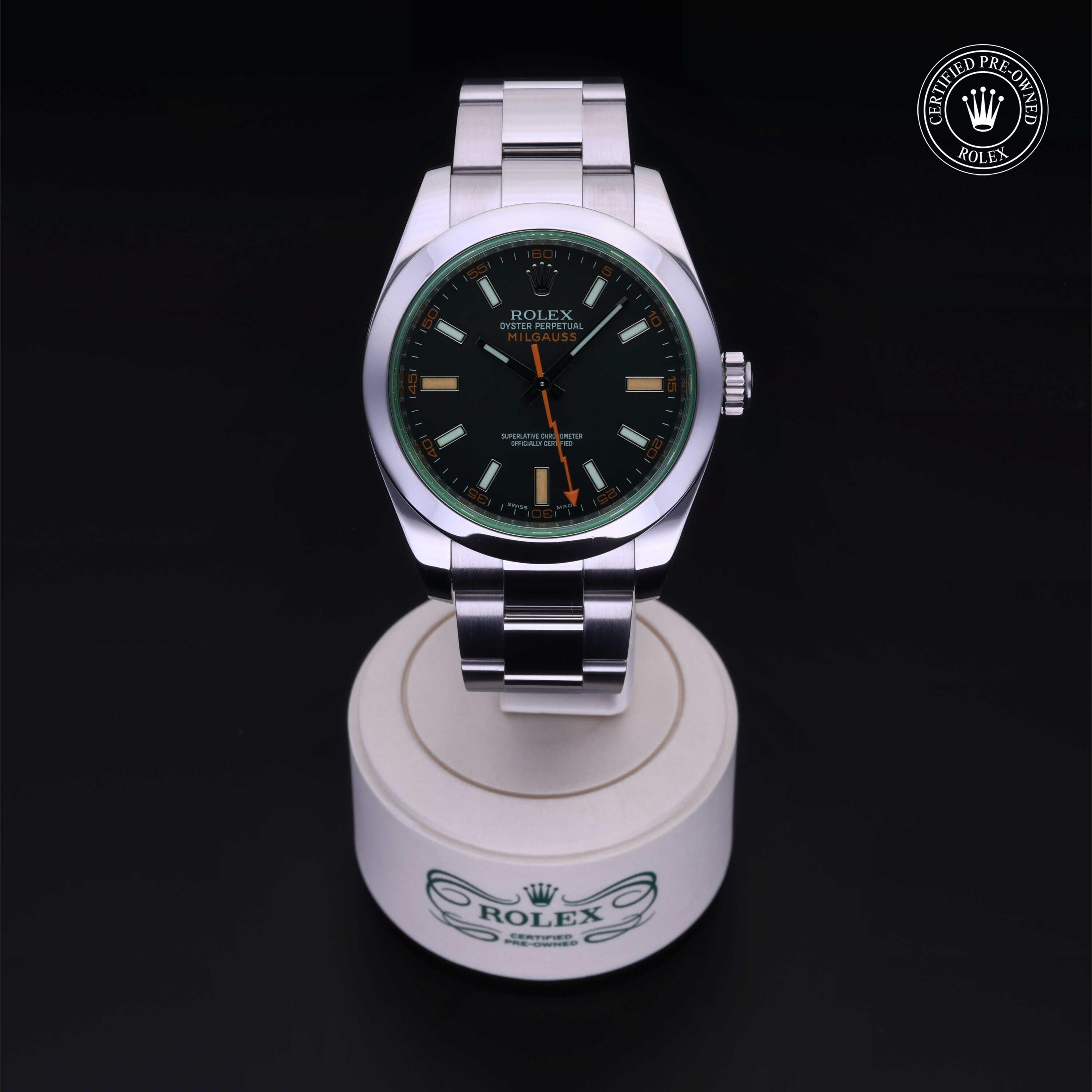 Rolex Certified Pre-owned Milgauss M116400GV-0001 front on black background