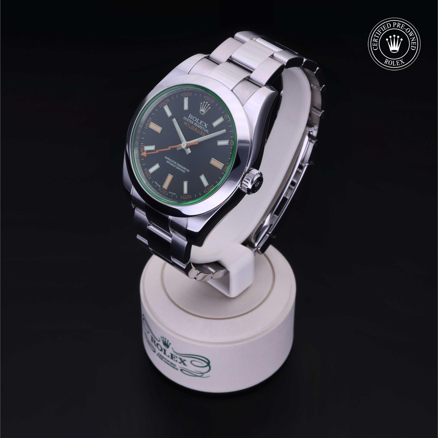 Rolex Certified Pre-owned Milgauss M116400GV-0001 front on black background