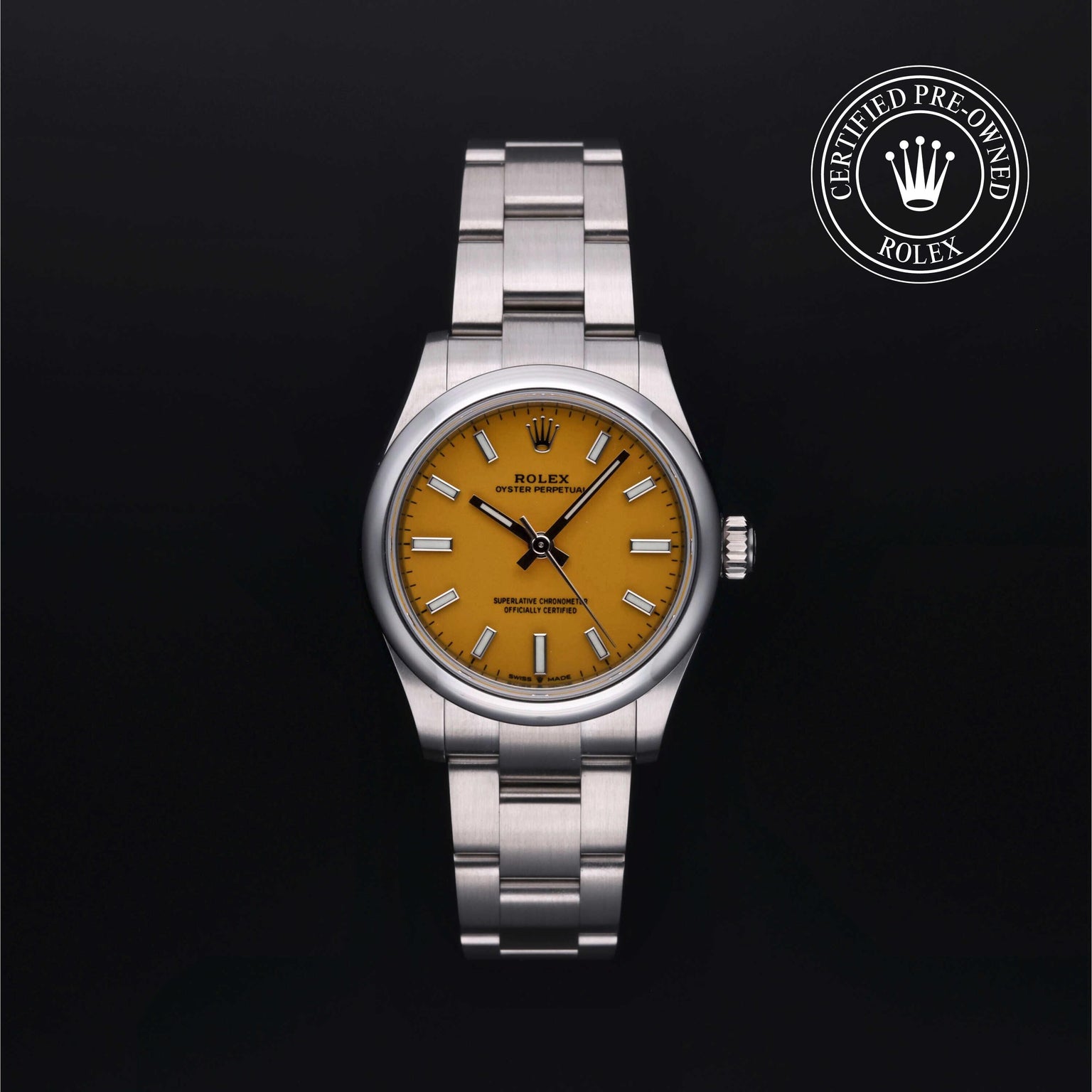 Rolex Certified Pre-owned Oyster Perpetual M277200-0005 front on black background