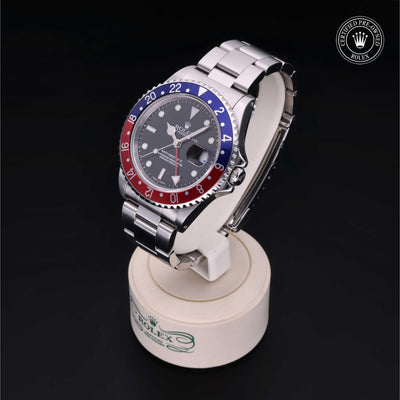 Rolex Certified Pre-owned GMT M16710BLRO-0005 front on black background