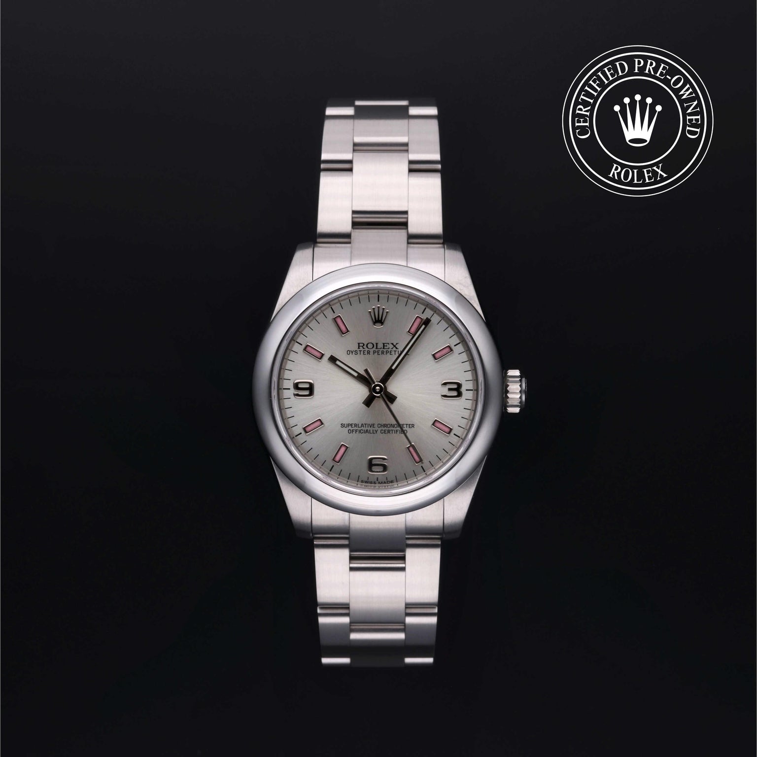 Rolex Certified Pre-owned Oyster Perpetual M177200-0009 front on black background
