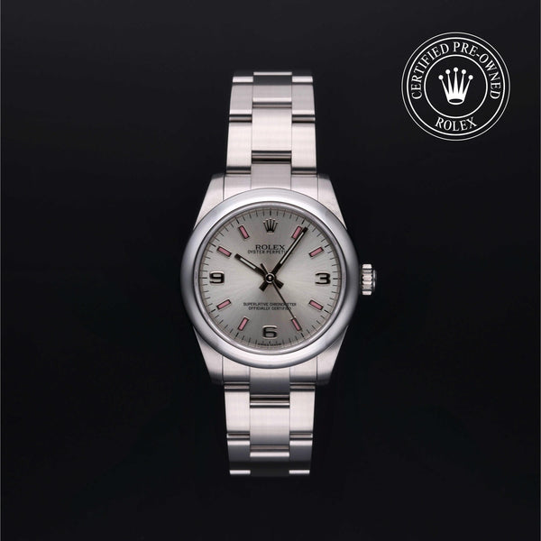 Rolex Certified Pre-owned Oyster Perpetual M177200-0009 front on black background
