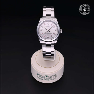 Rolex Certified Pre-owned Oyster Perpetual M177200-0009 front on black background