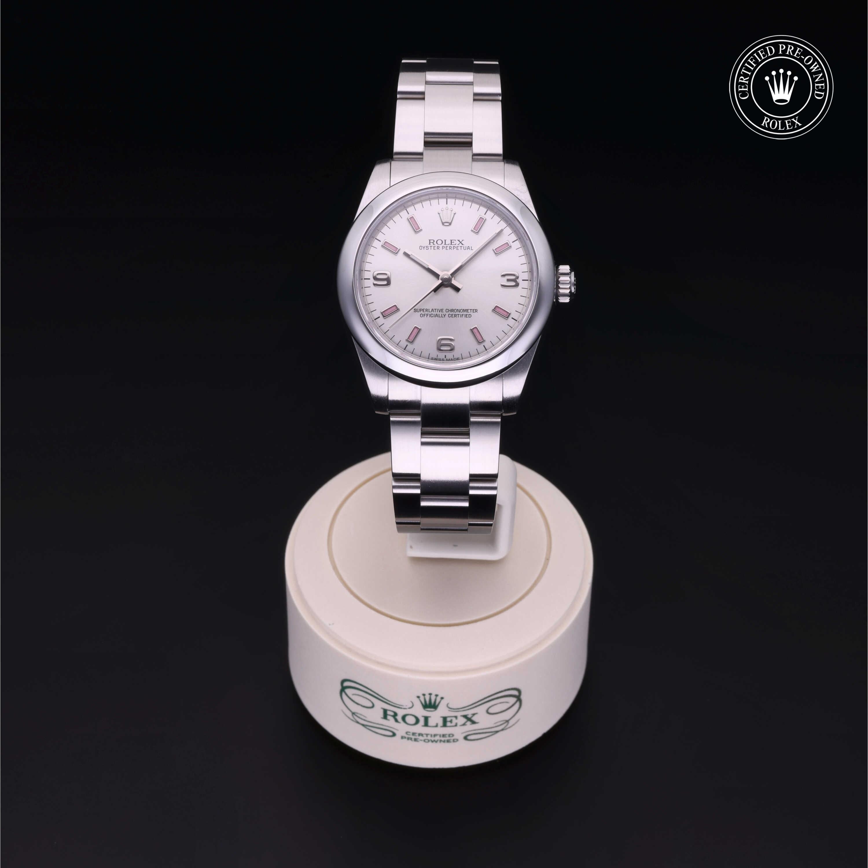 Rolex Certified Pre-owned Oyster Perpetual M177200-0009 front on black background
