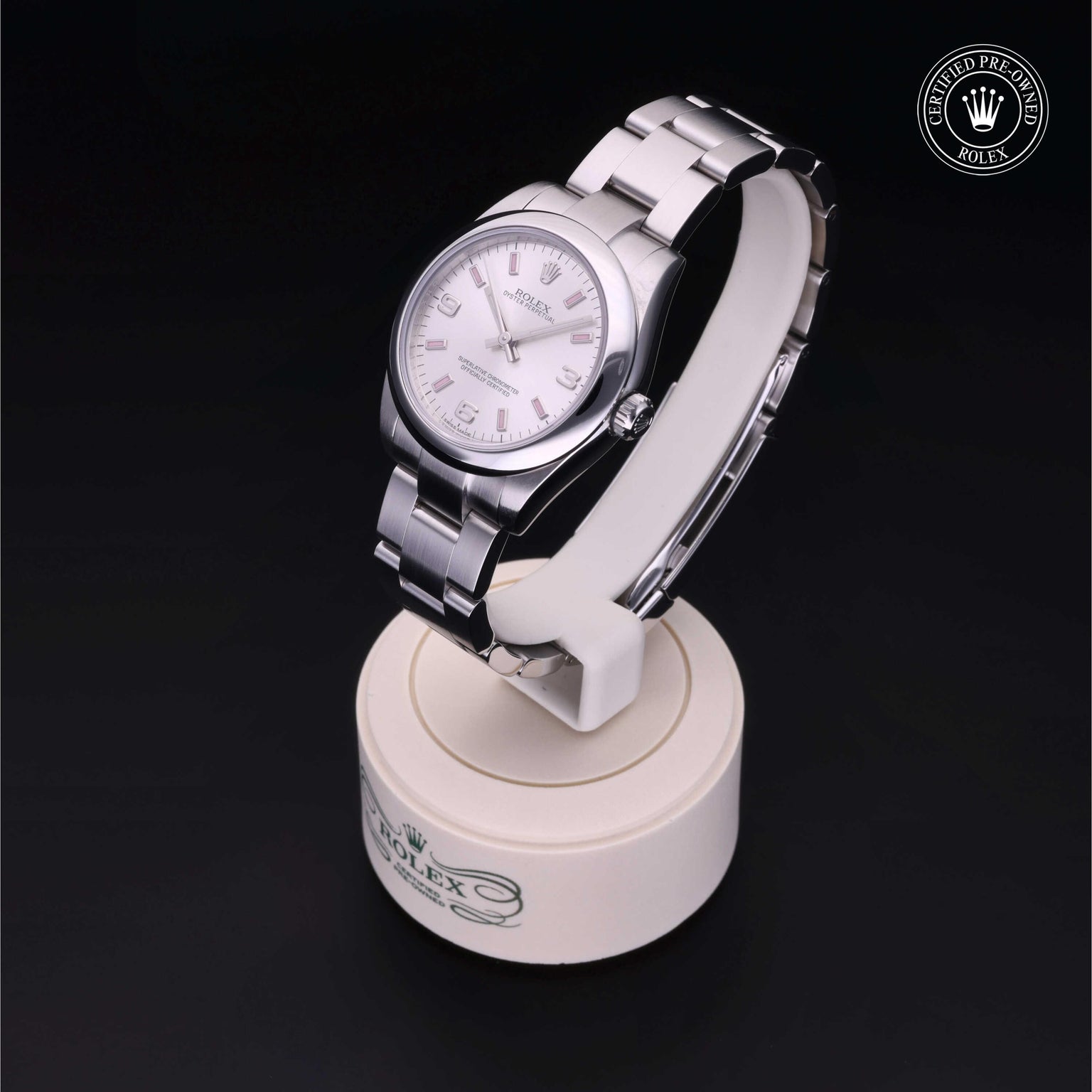 Rolex Certified Pre-owned Oyster Perpetual M177200-0009 front on black background