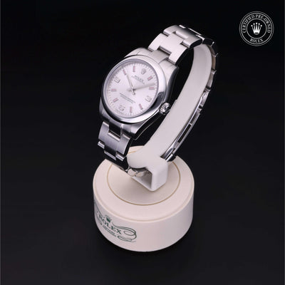 Rolex Certified Pre-owned Oyster Perpetual M177200-0009 front on black background