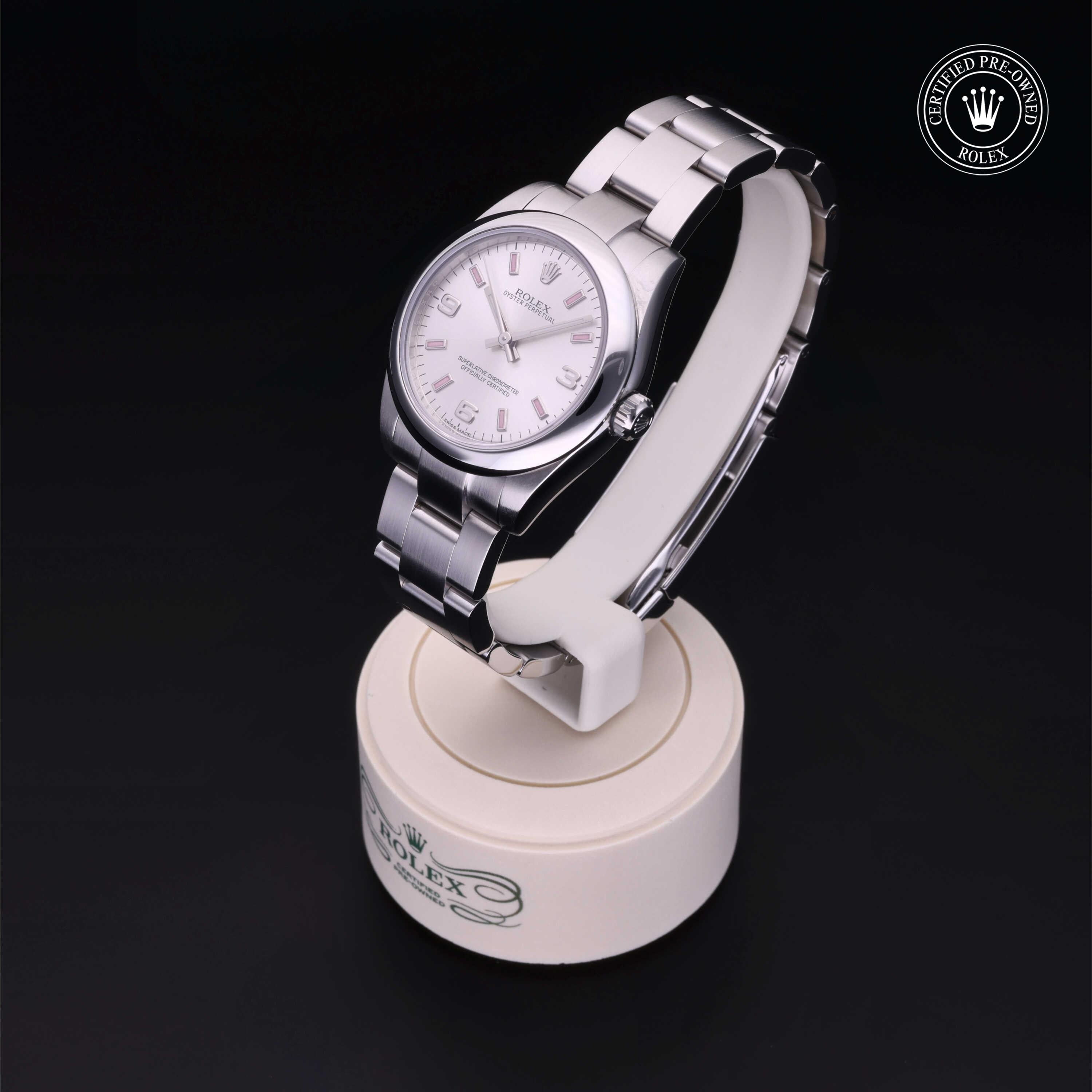 Rolex Certified Pre-owned Oyster Perpetual M177200-0009 front on black background