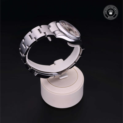 Rolex Certified Pre-owned Oyster Perpetual M177200-0009 front on black background