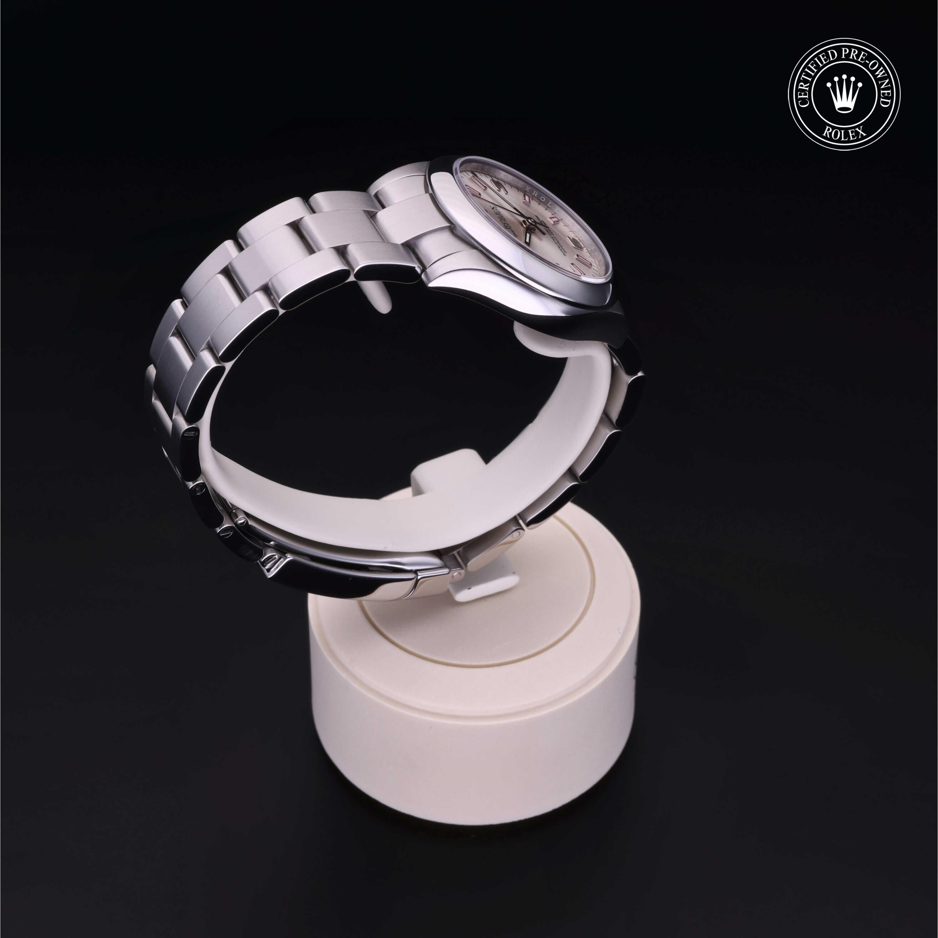 Rolex Certified Pre-owned Oyster Perpetual M177200-0009 front on black background