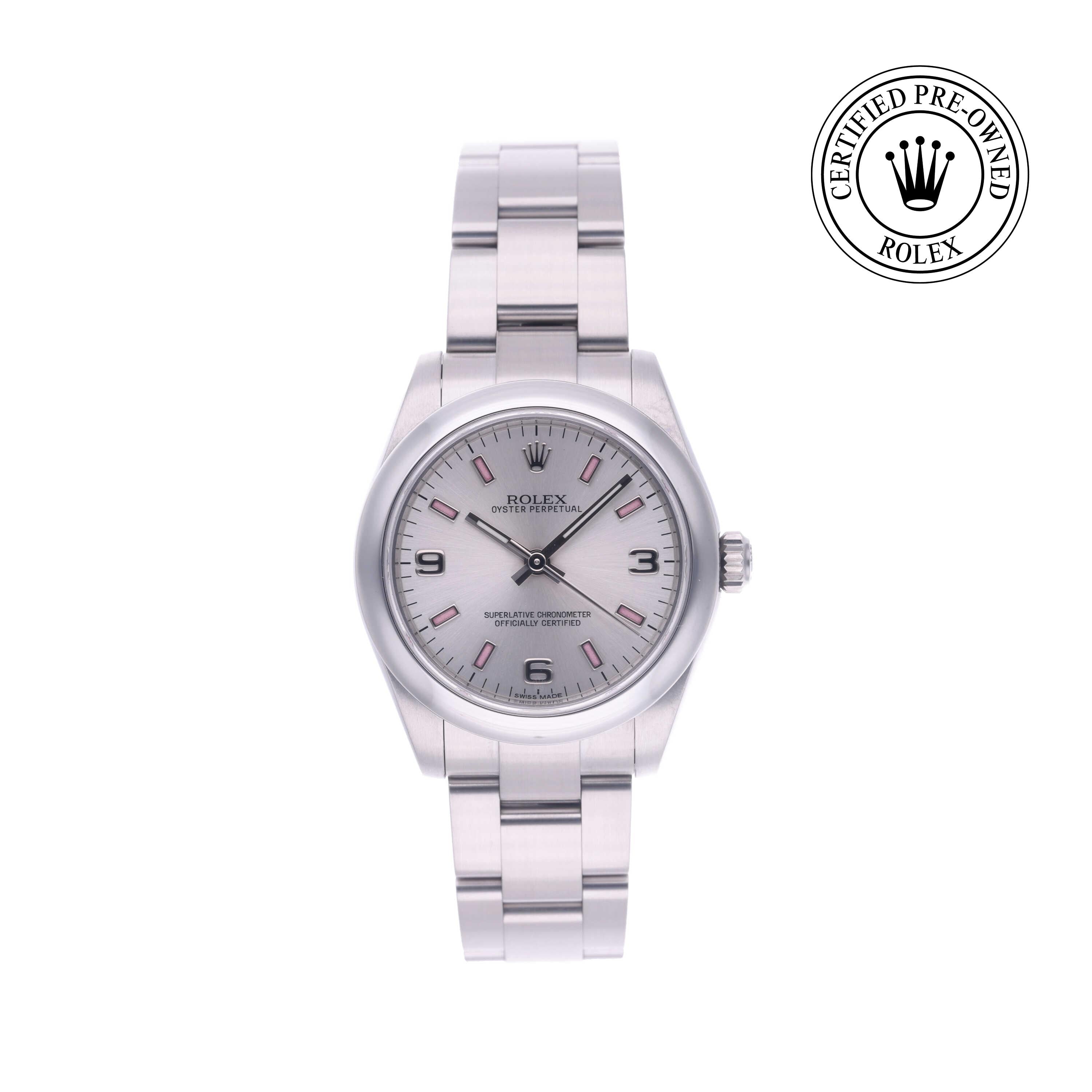 Rolex Certified Pre-owned Oyster Perpetual M177200-0009 front on white background