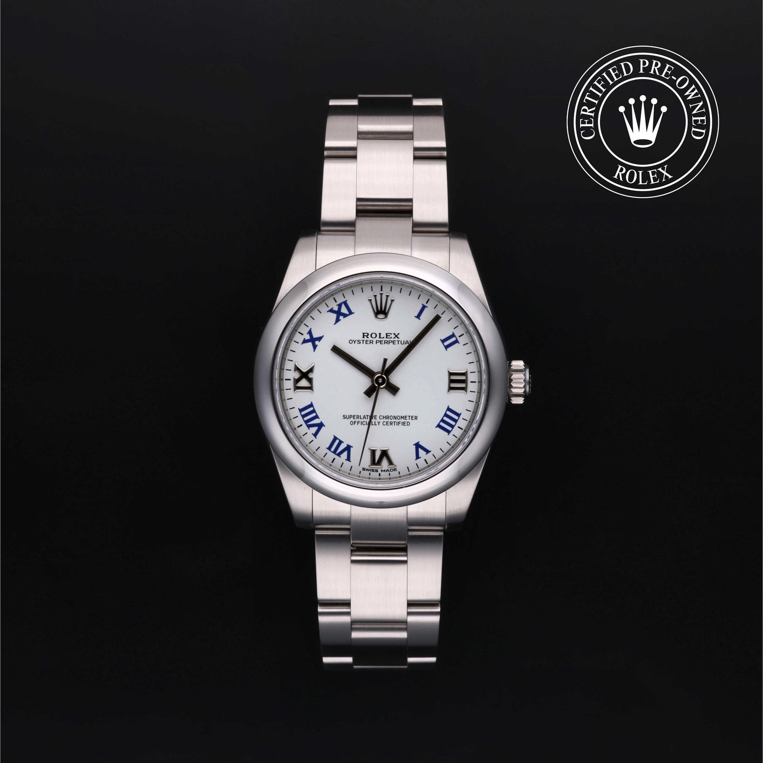 Rolex Certified Pre-owned Oyster Perpetual M177200-0016 front on black background