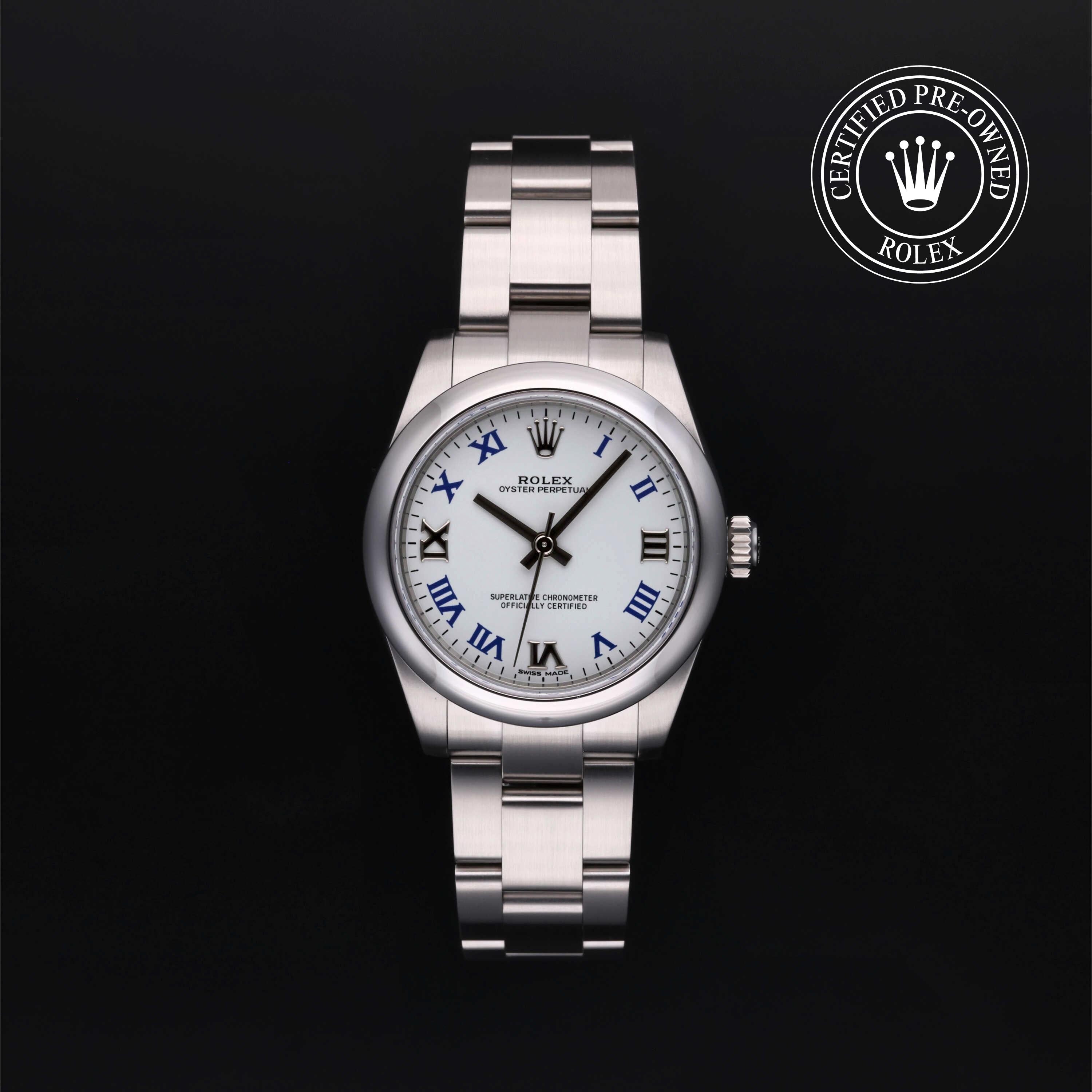Rolex Certified Pre-owned Oyster Perpetual M177200-0016 front on black background