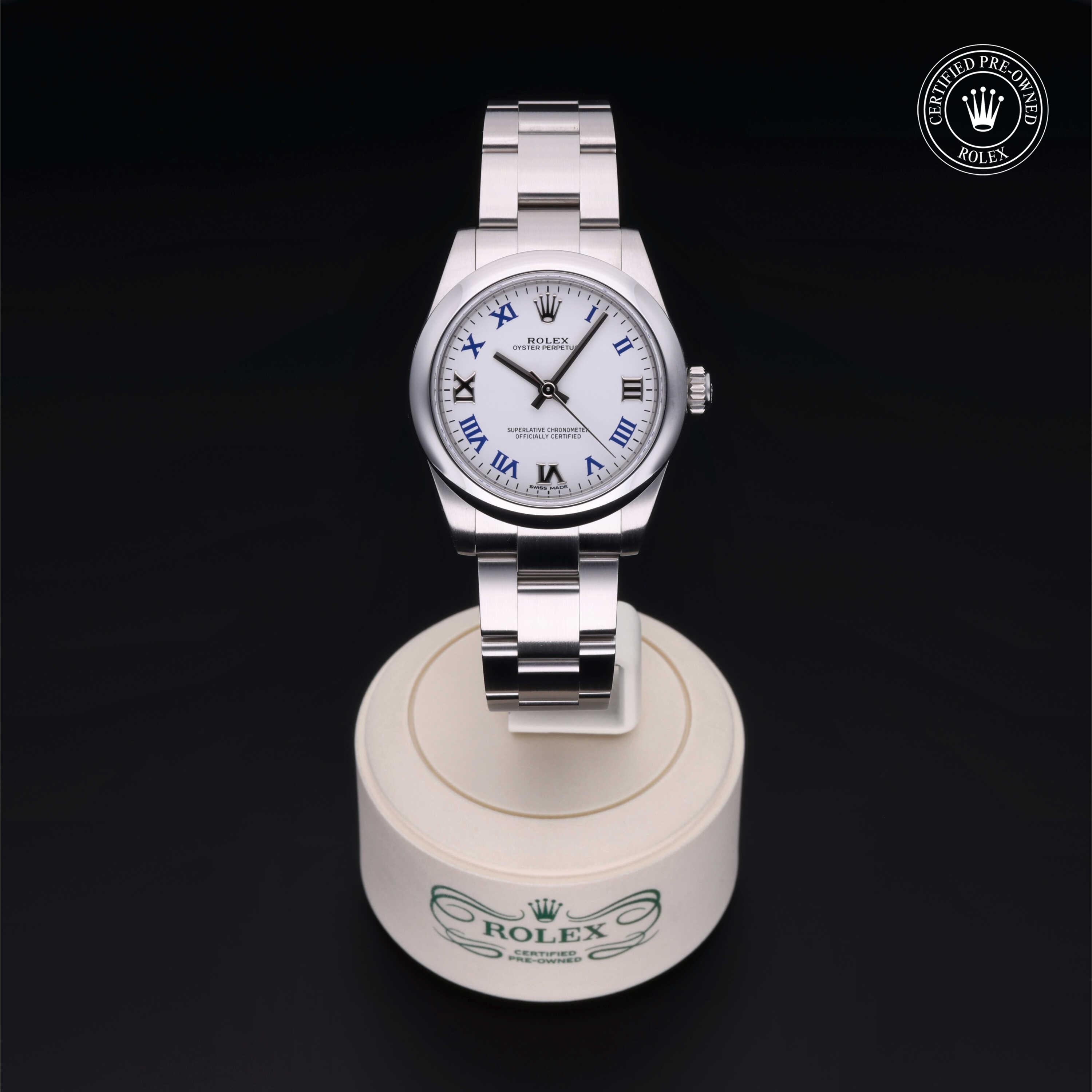 Rolex Certified Pre-owned Oyster Perpetual M177200-0016 front on black background