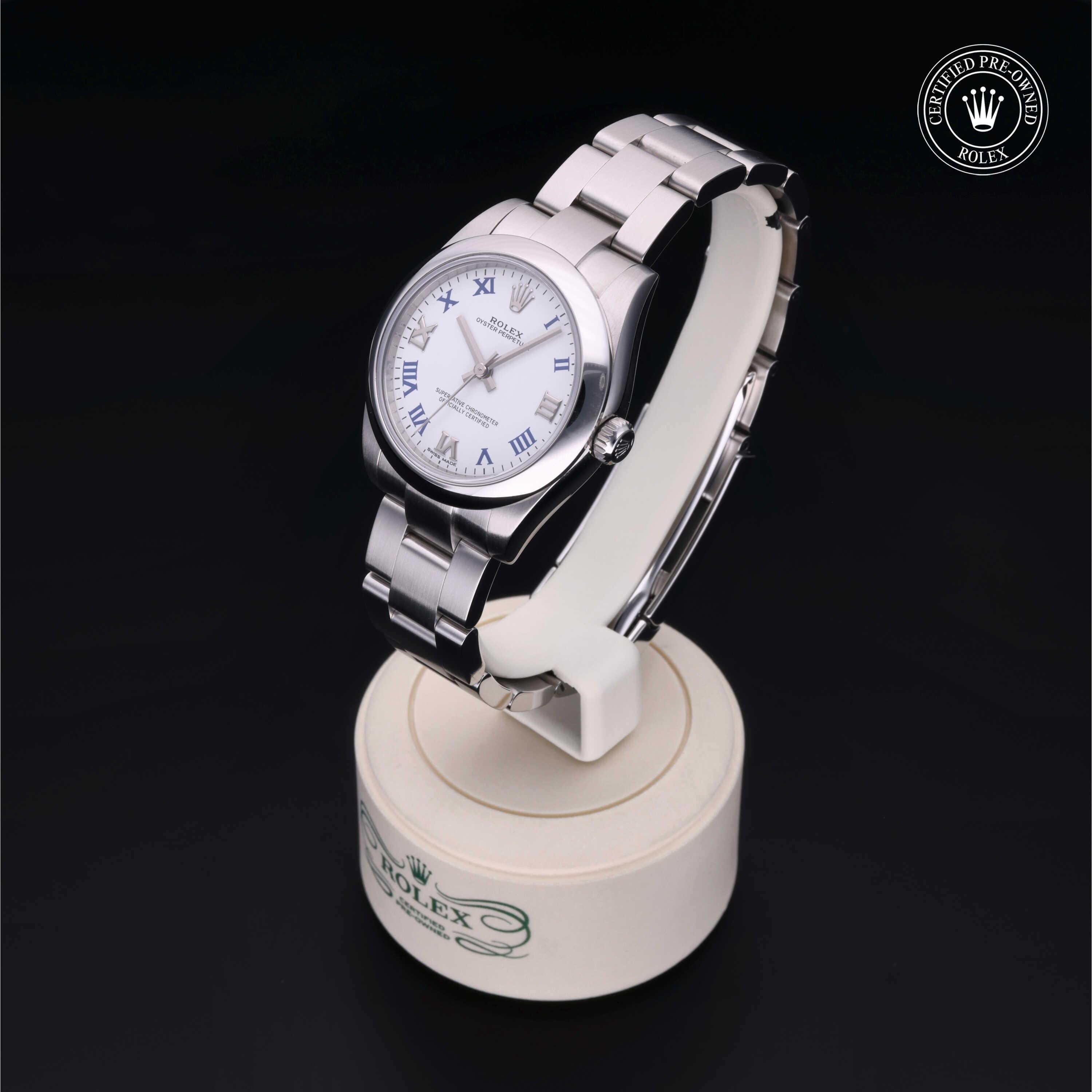 Rolex Certified Pre-owned Oyster Perpetual M177200-0016 front on black background